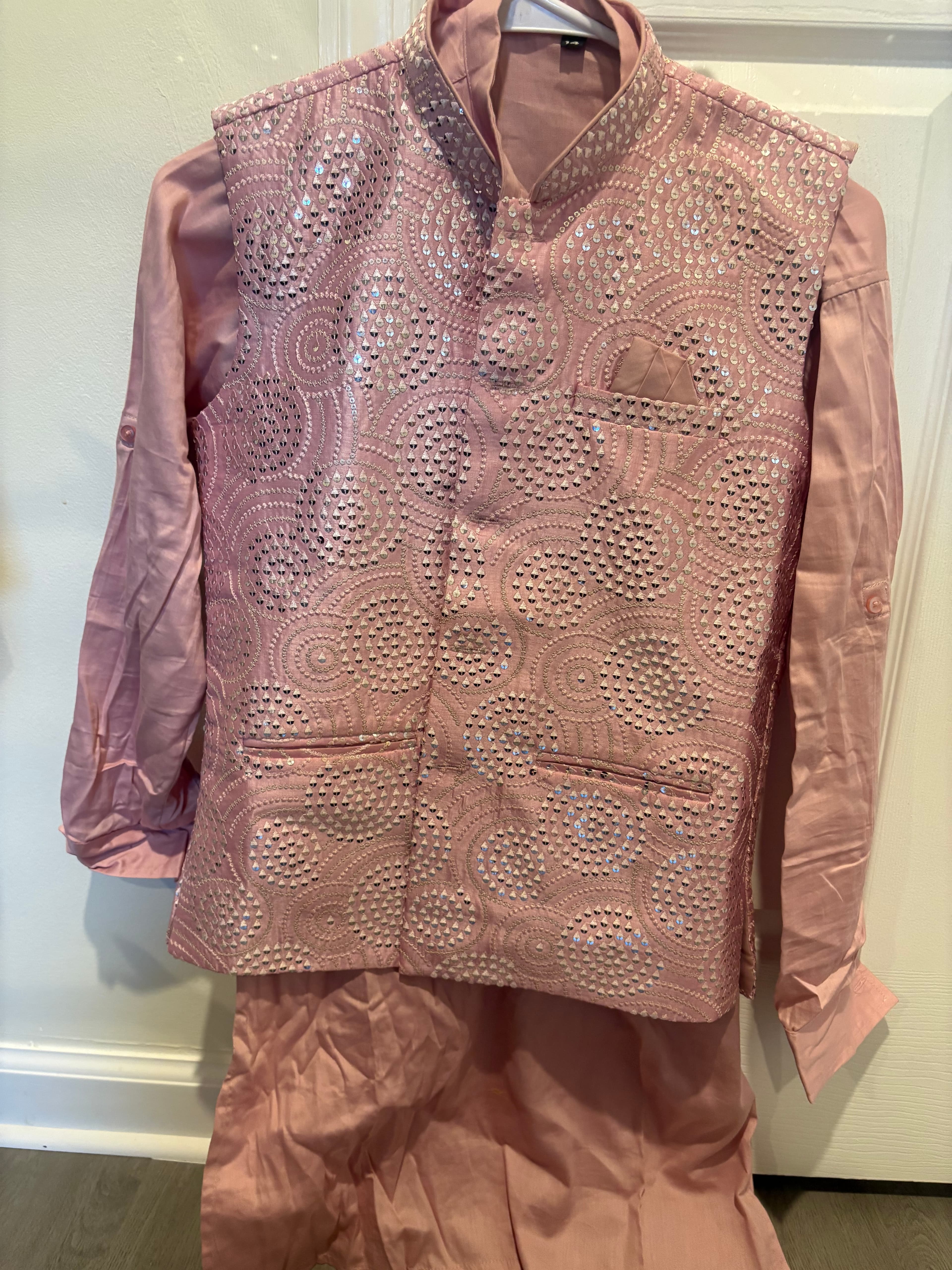 Kids Pink Kurta Pajama with Sequin Embellished Nehru Jacket