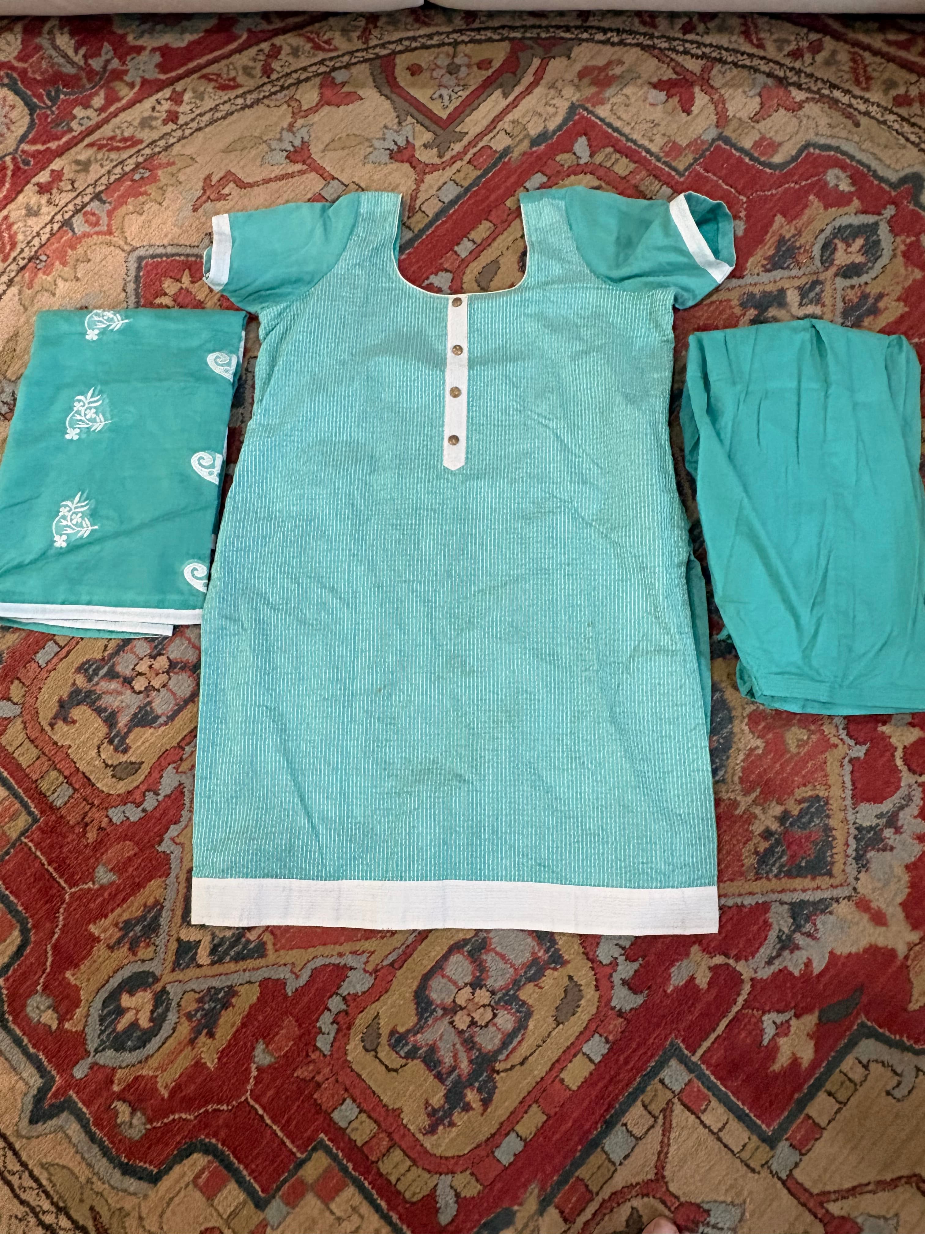 Elegant Teal Green Cotton Suit with White Embroidery and Stripes - Pre-loved