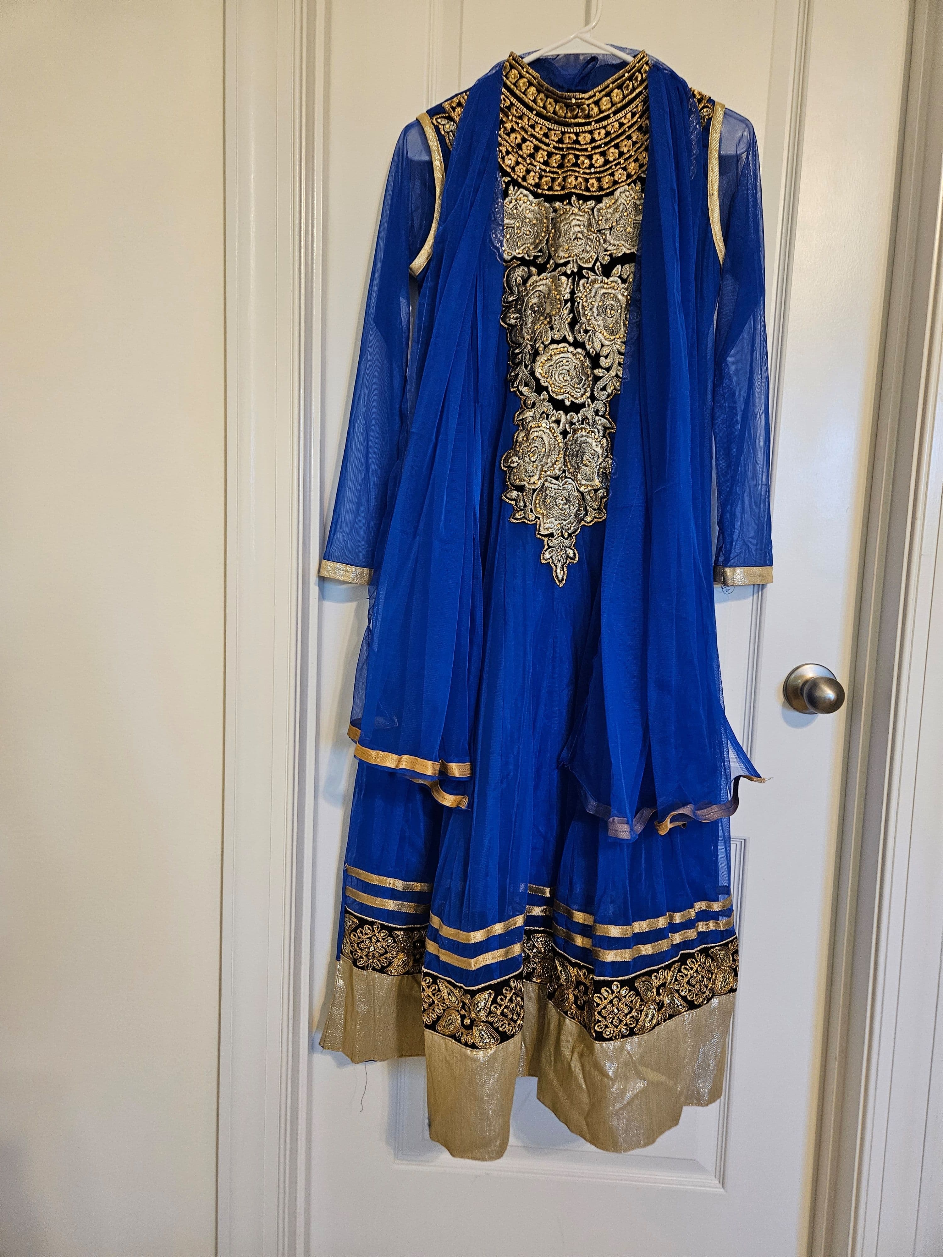 Elegant Royal Blue Anarkali Suit with Gold Embroidery and Net Dupatta