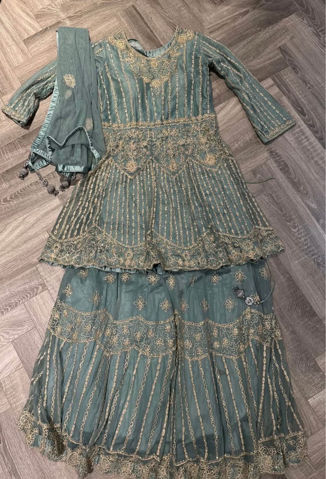 Elegant Teal Green Sharara Suit with Gold Embroidery and Sequin Work