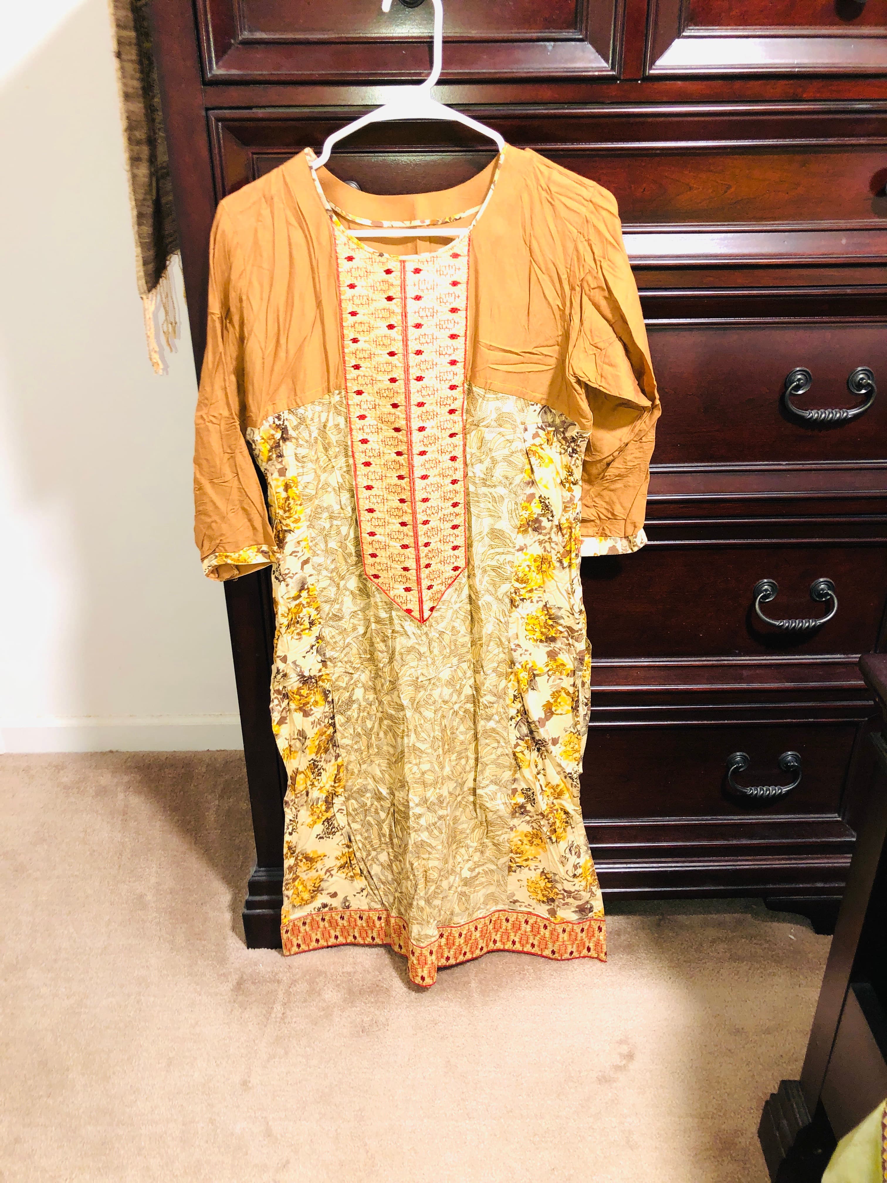 Elegant Brown & Floral Printed Salwar Suit with Embroidered Neckline