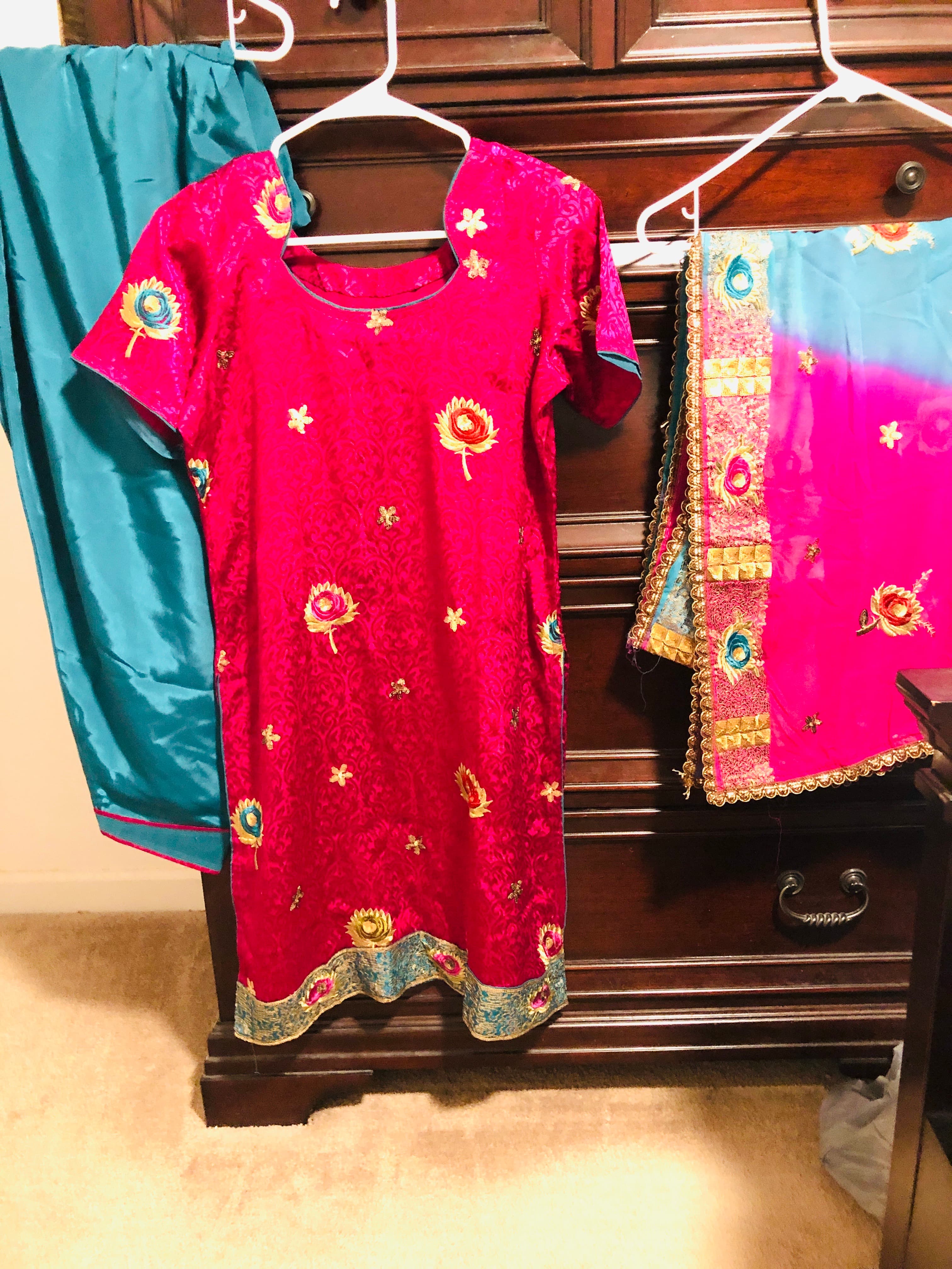 Vibrant Pink and Teal Punjabi Suit with Floral Embroidery