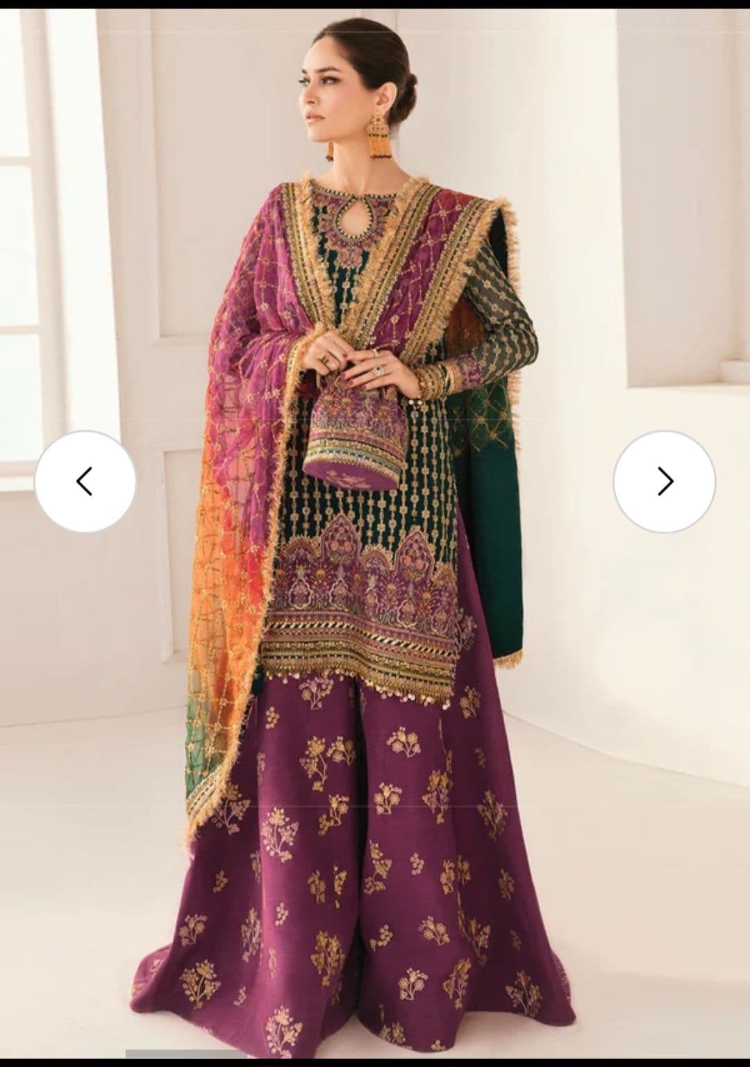 Elegant Green & Plum Embroidered Dhaka pants style Suit with Ombre Dupatta