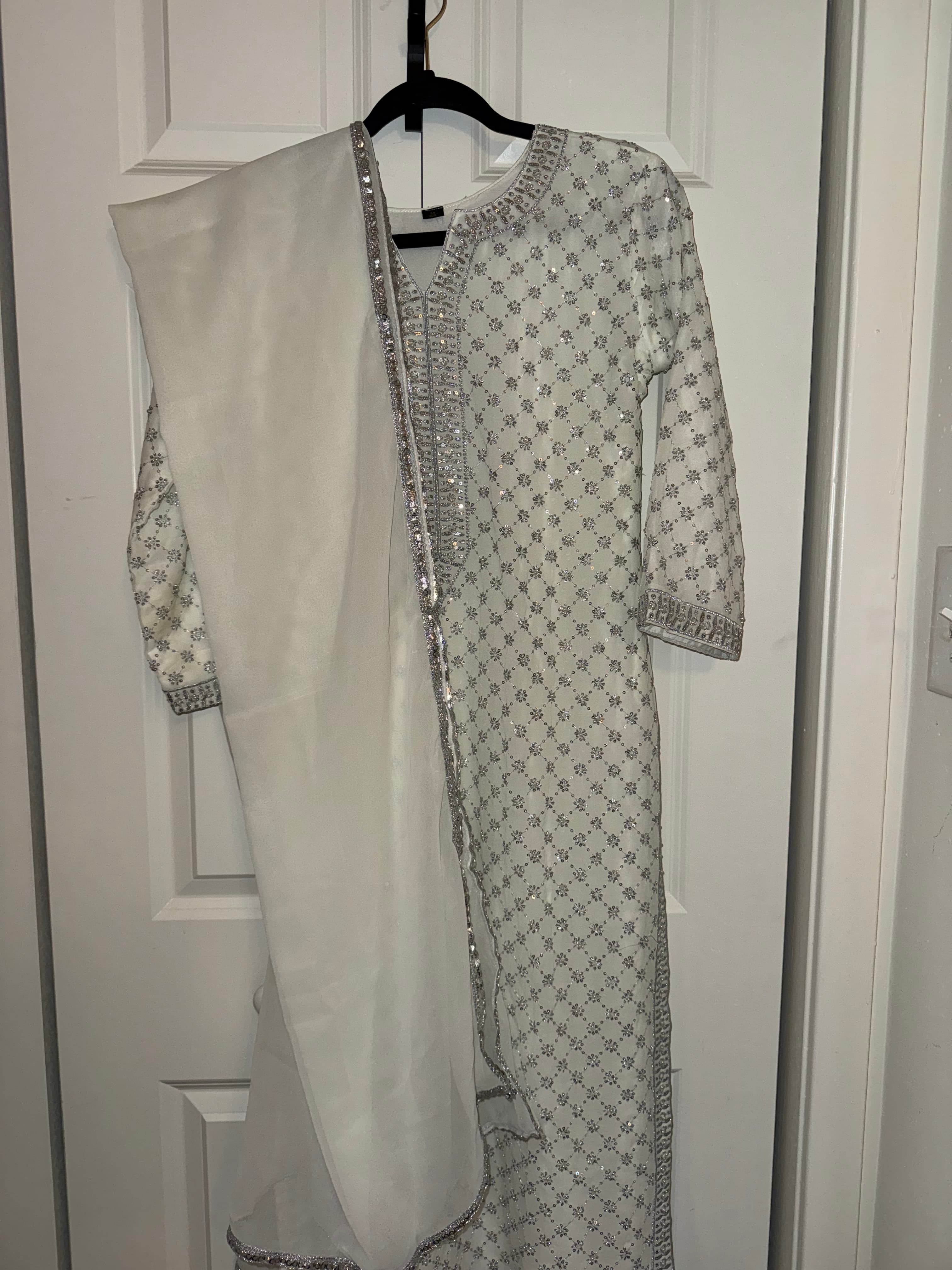 Elegant White & Silver Sequin Embroidered Salwar Suit with Dupatta