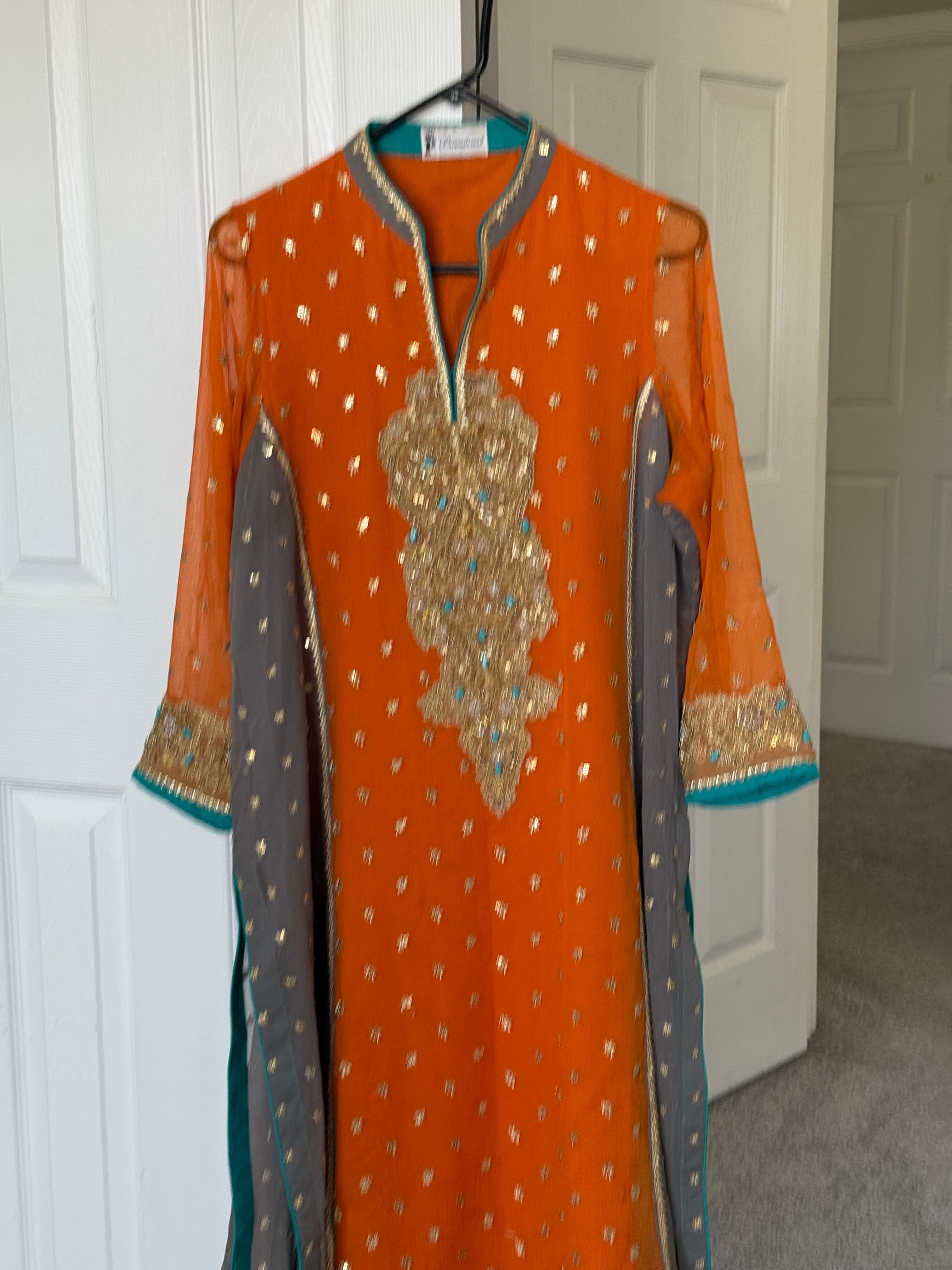 Vibrant Orange & Grey chiffon Suit with Gold Sequin & Thread Work