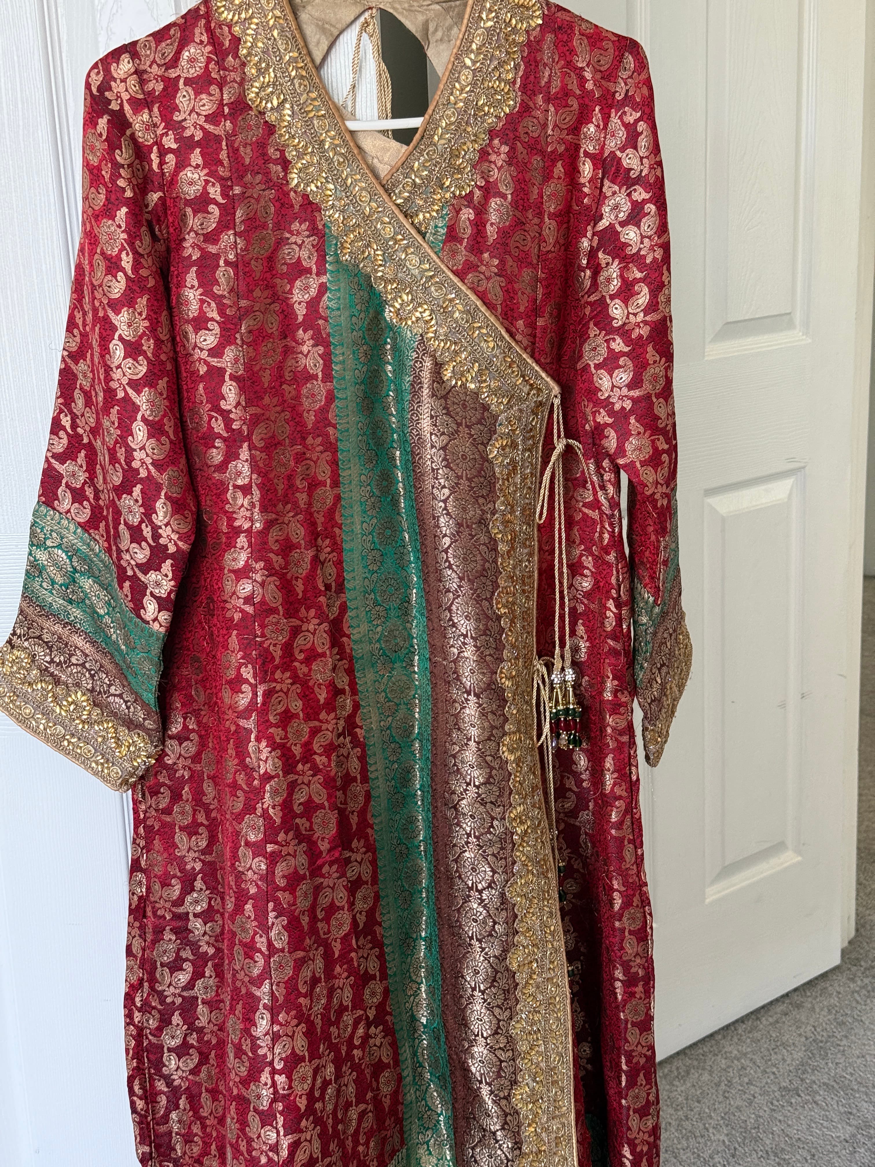 Elegant Red and Gold Brocade Angrakha Style Suit with Green Accents