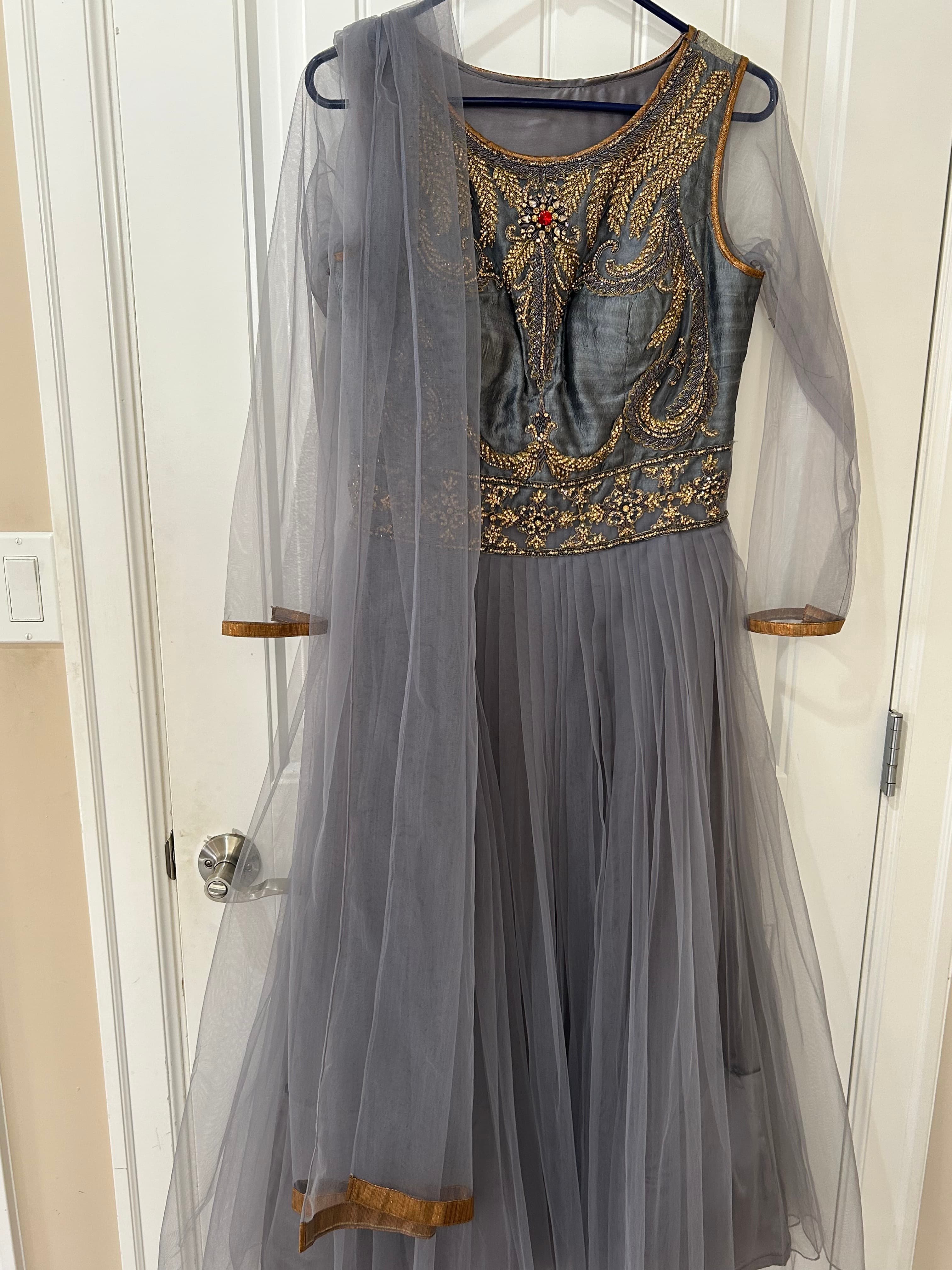 Grey Indowestern Gown with Gold Embroidery and Net Dupatta