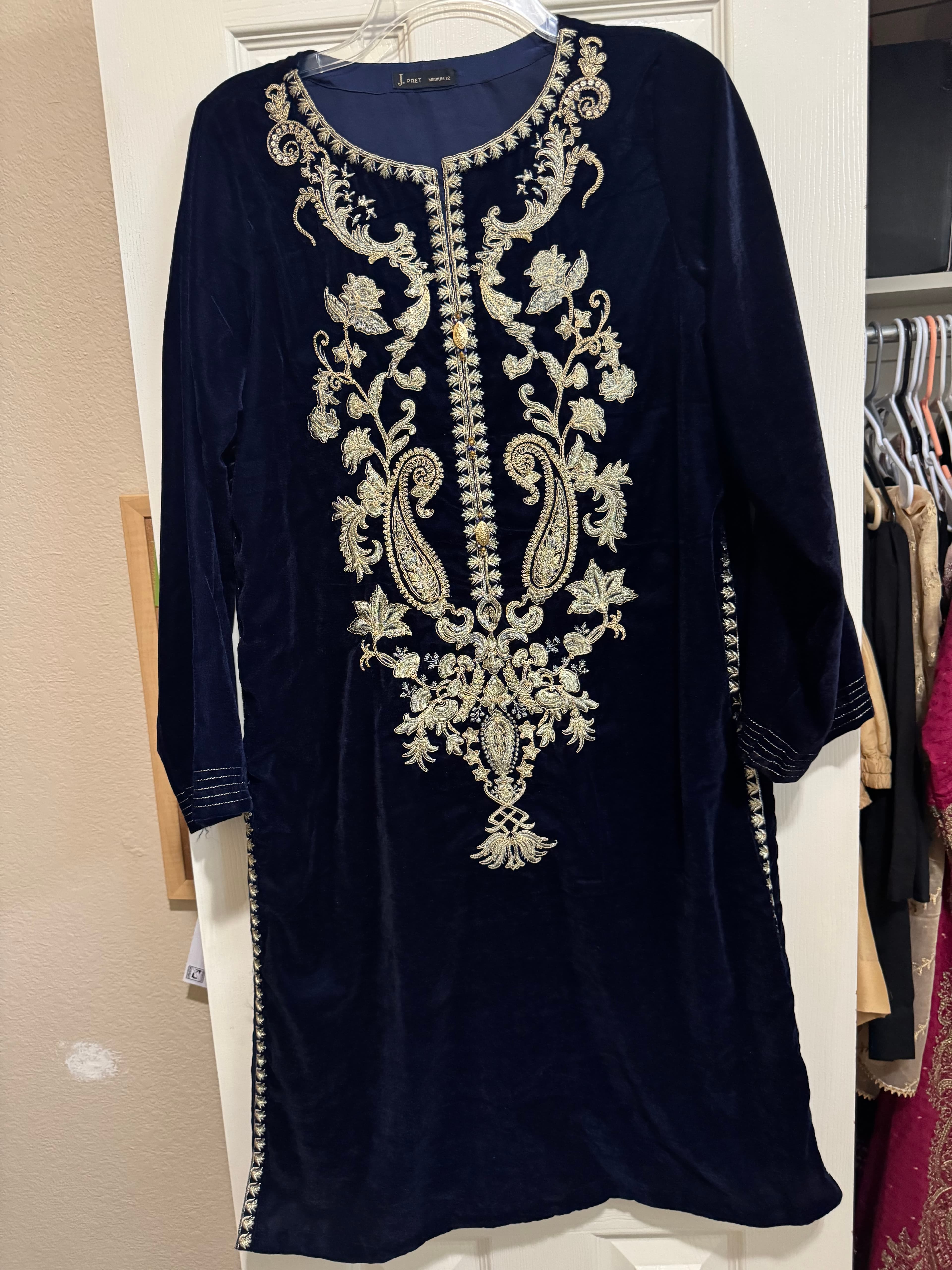 Junaid Jamshed velvet dark blue kurta, size M