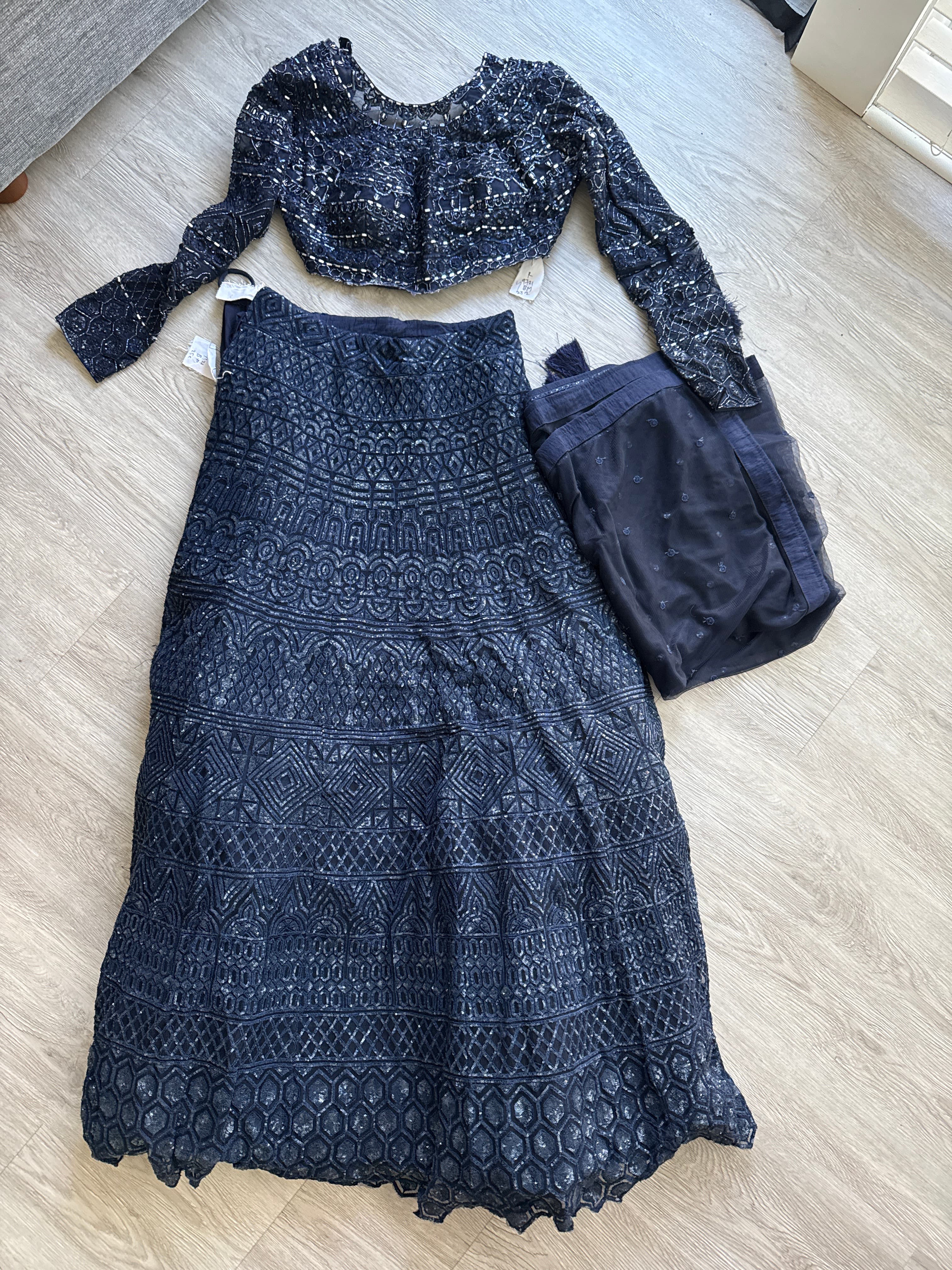 Navy Blue Net and Sequin Work Lengha