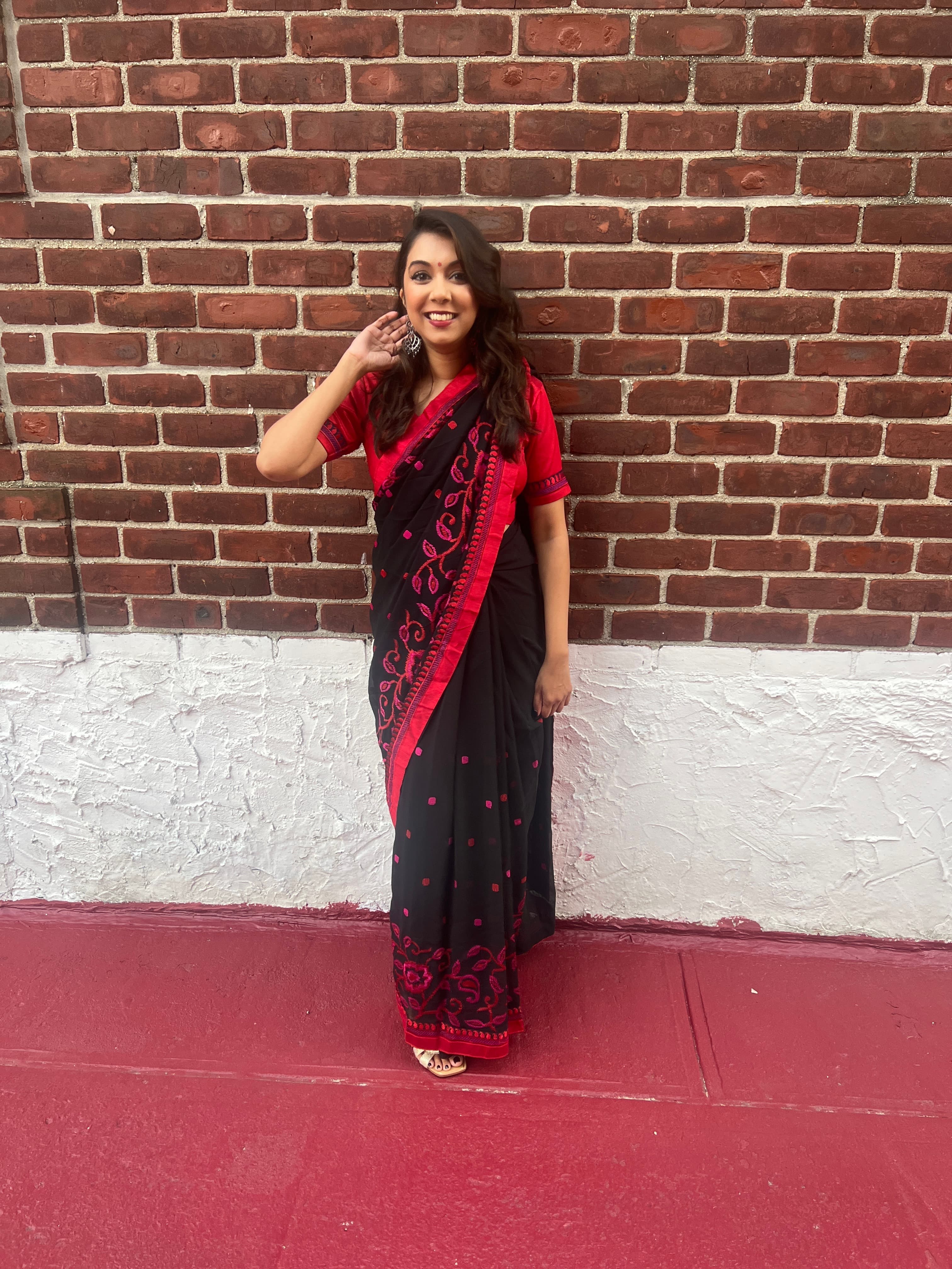 Elegant Black Saree with Red Thread Embroidery and Matching Blouse