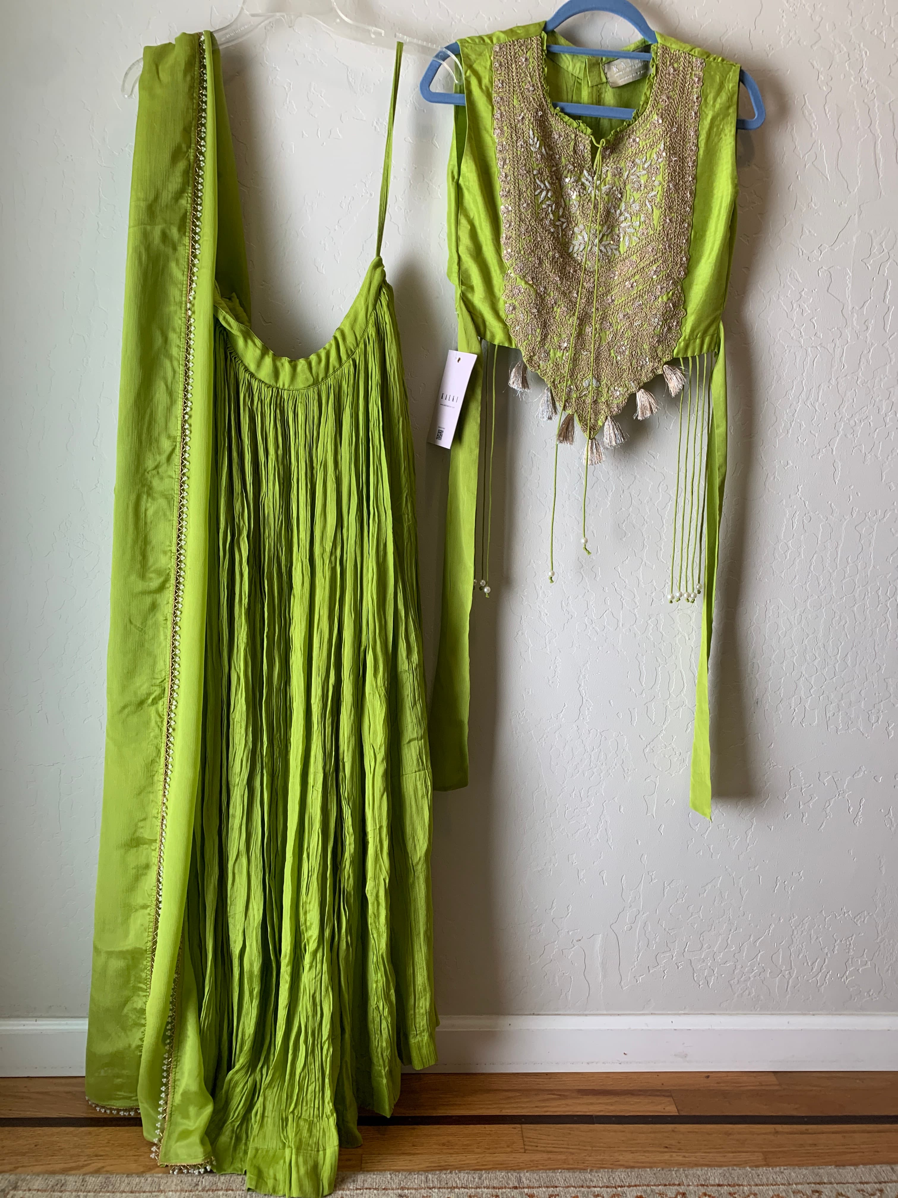 Green crop top skirt set with Zardozi work