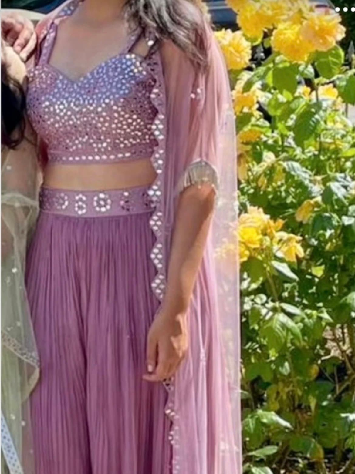 Stunning Lavender Mirror Work Crop Top, Palazzo & Shrug Set