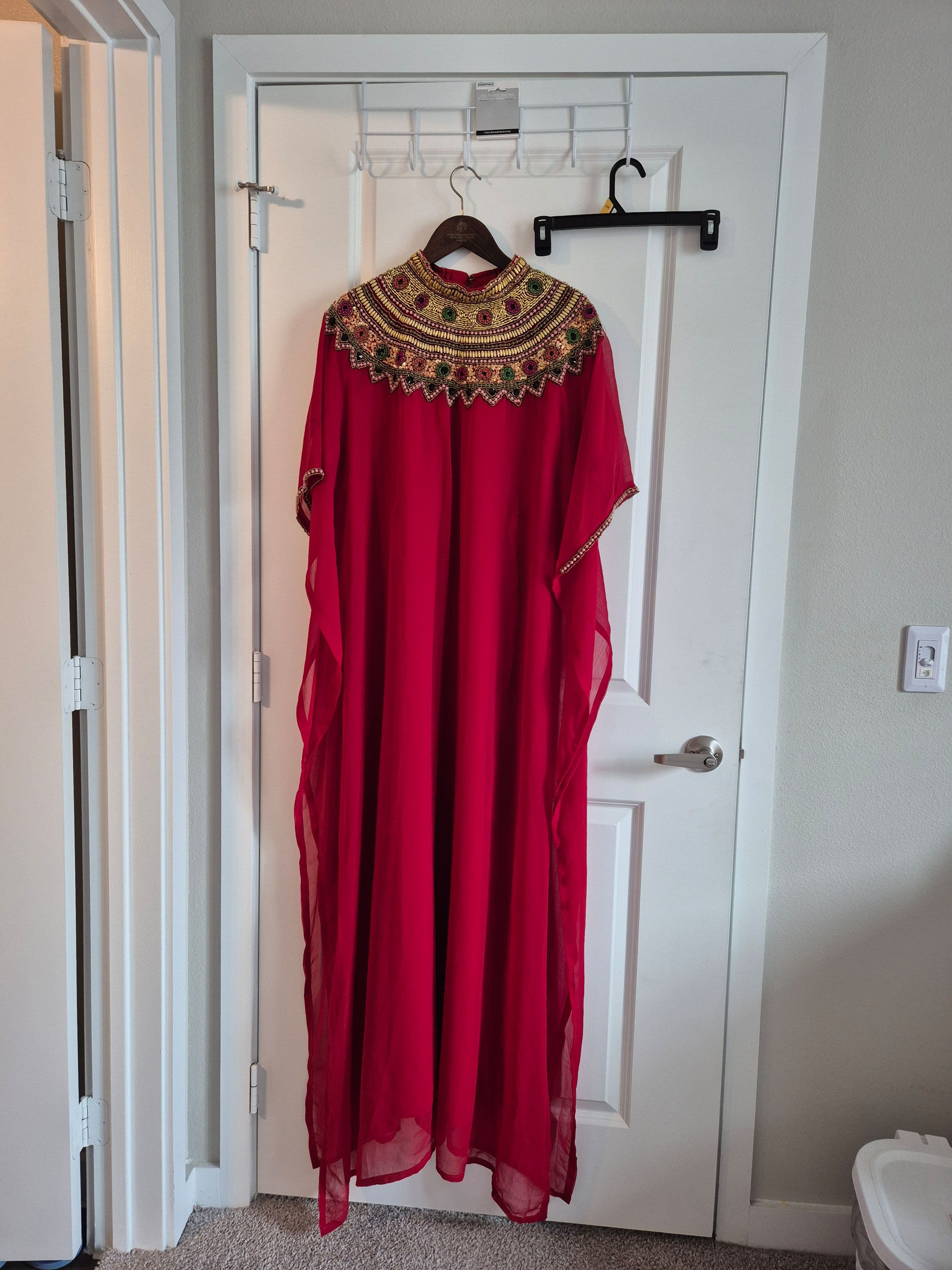 Elegant Red Kaftan with Intricate Gold and Multi-Color Beadwork