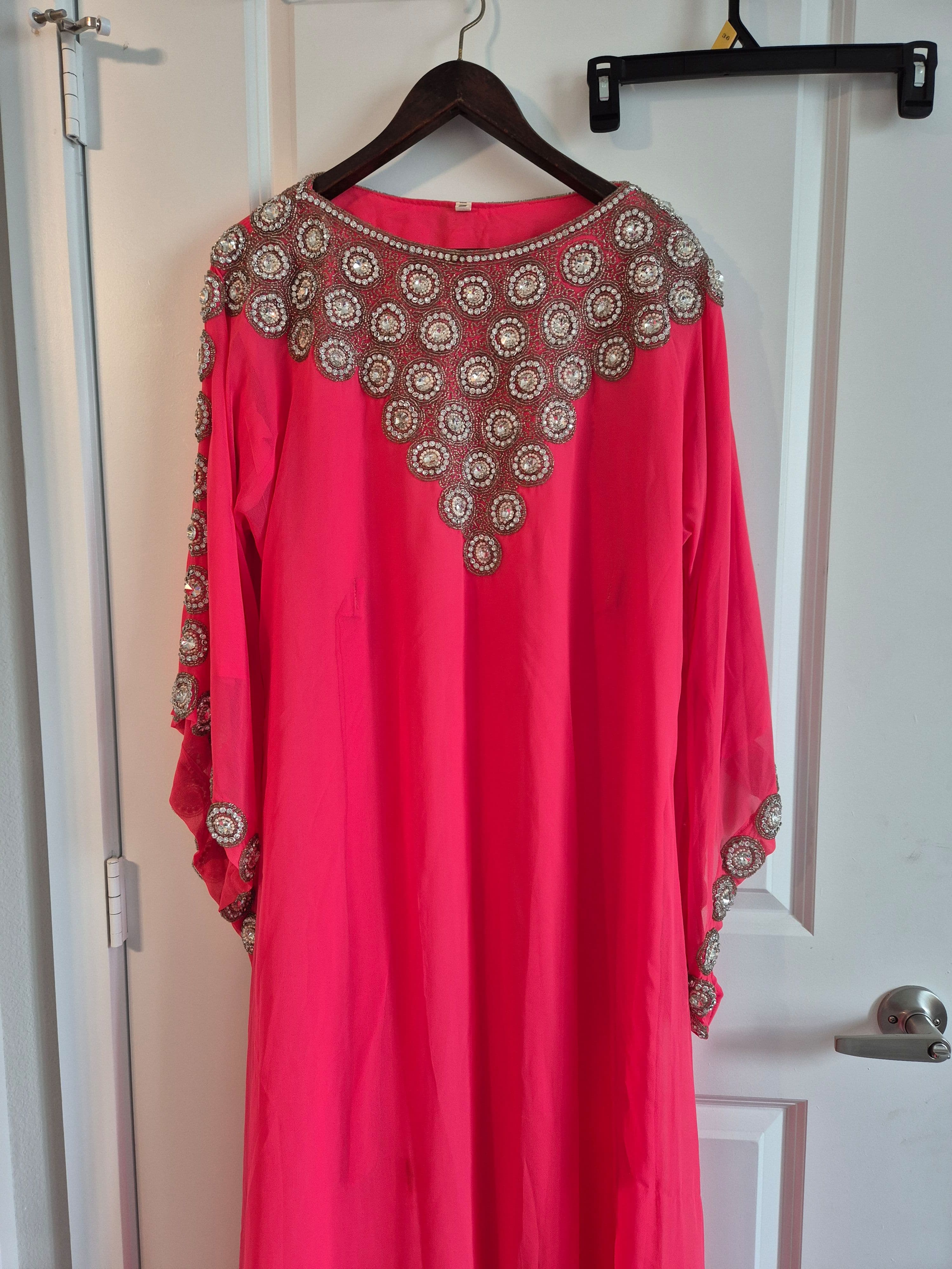 Stunning Hot Pink Kaftan with Intricate Silver and Pearl Embellishments