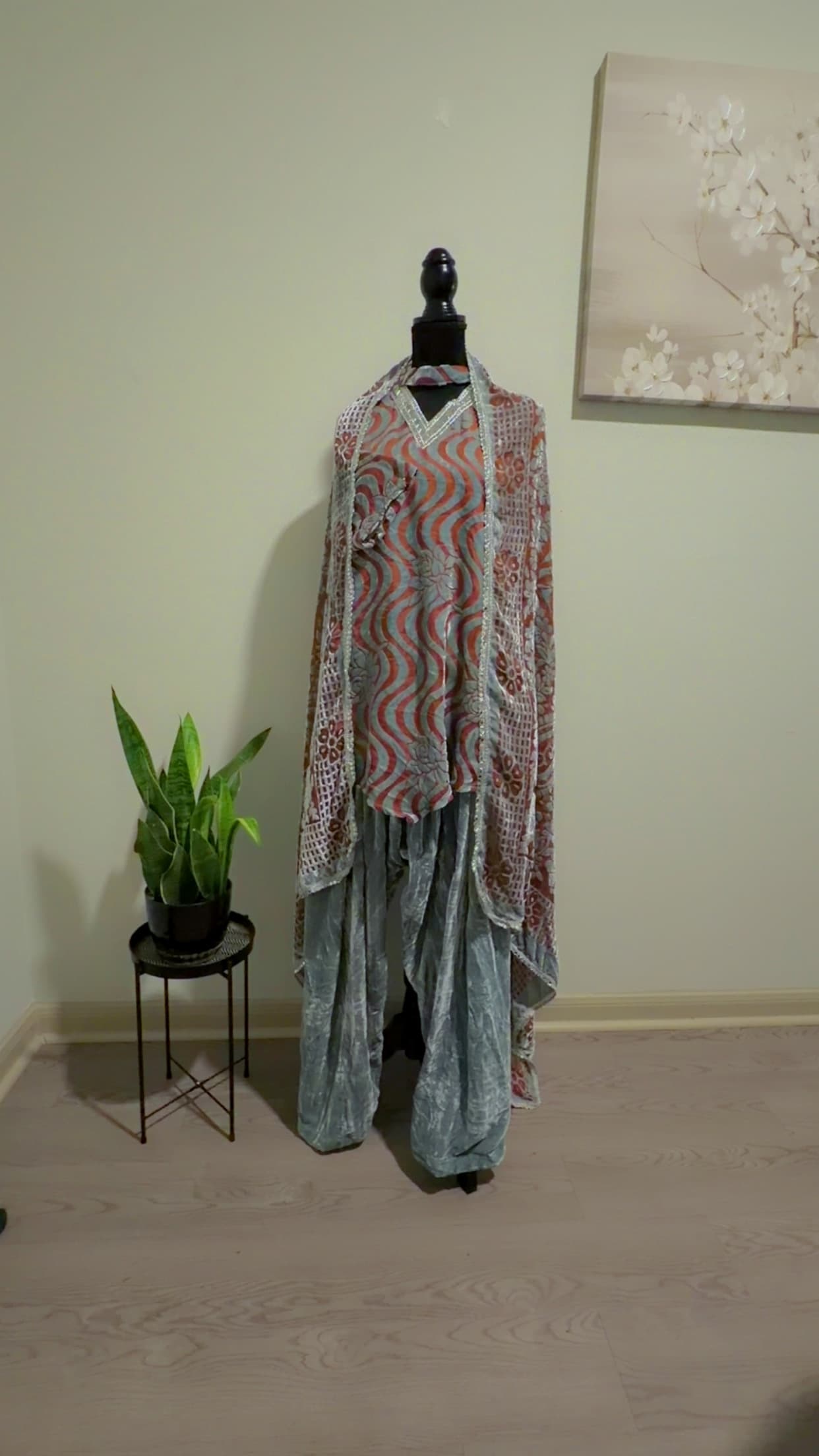 Elegant Velvet Suit with Mirror Work Neckline and Palazzo Pants