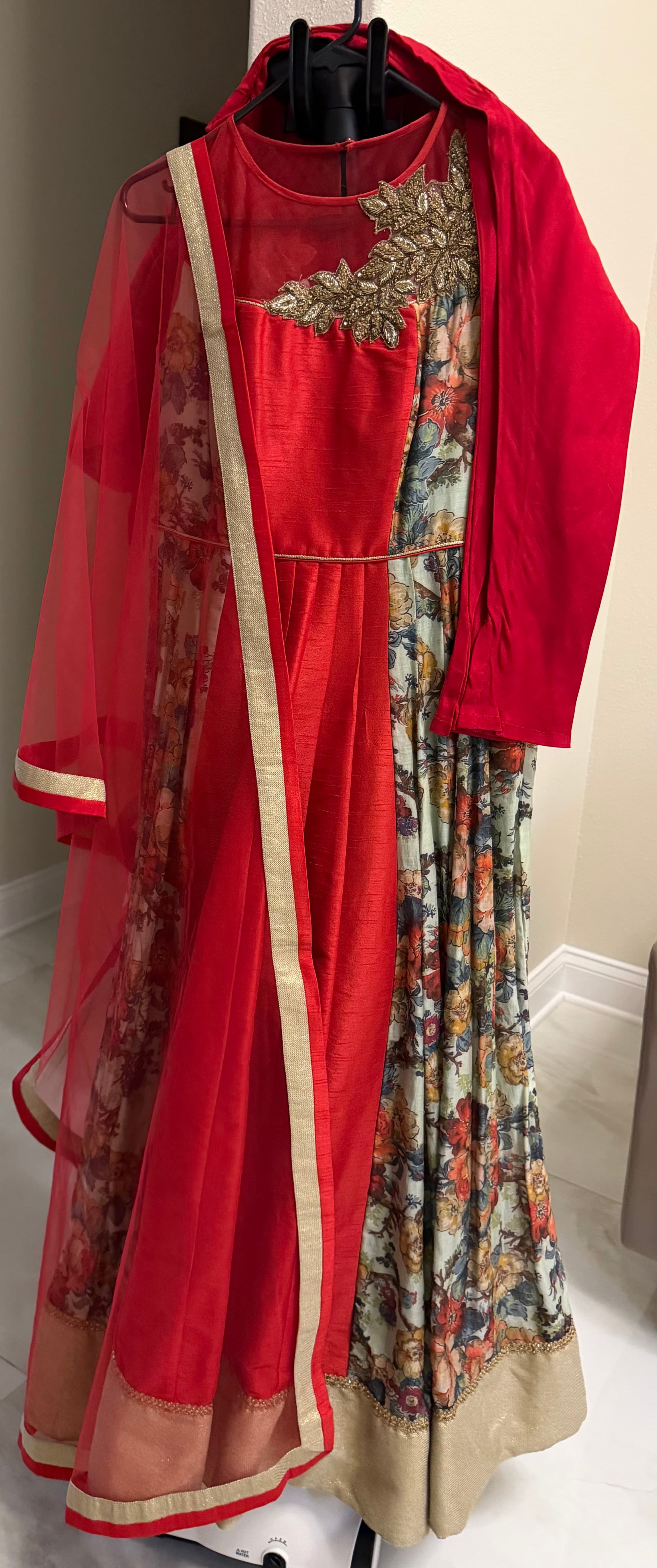Elegant Red & Floral Anarkali Suit with Gold Embroidery