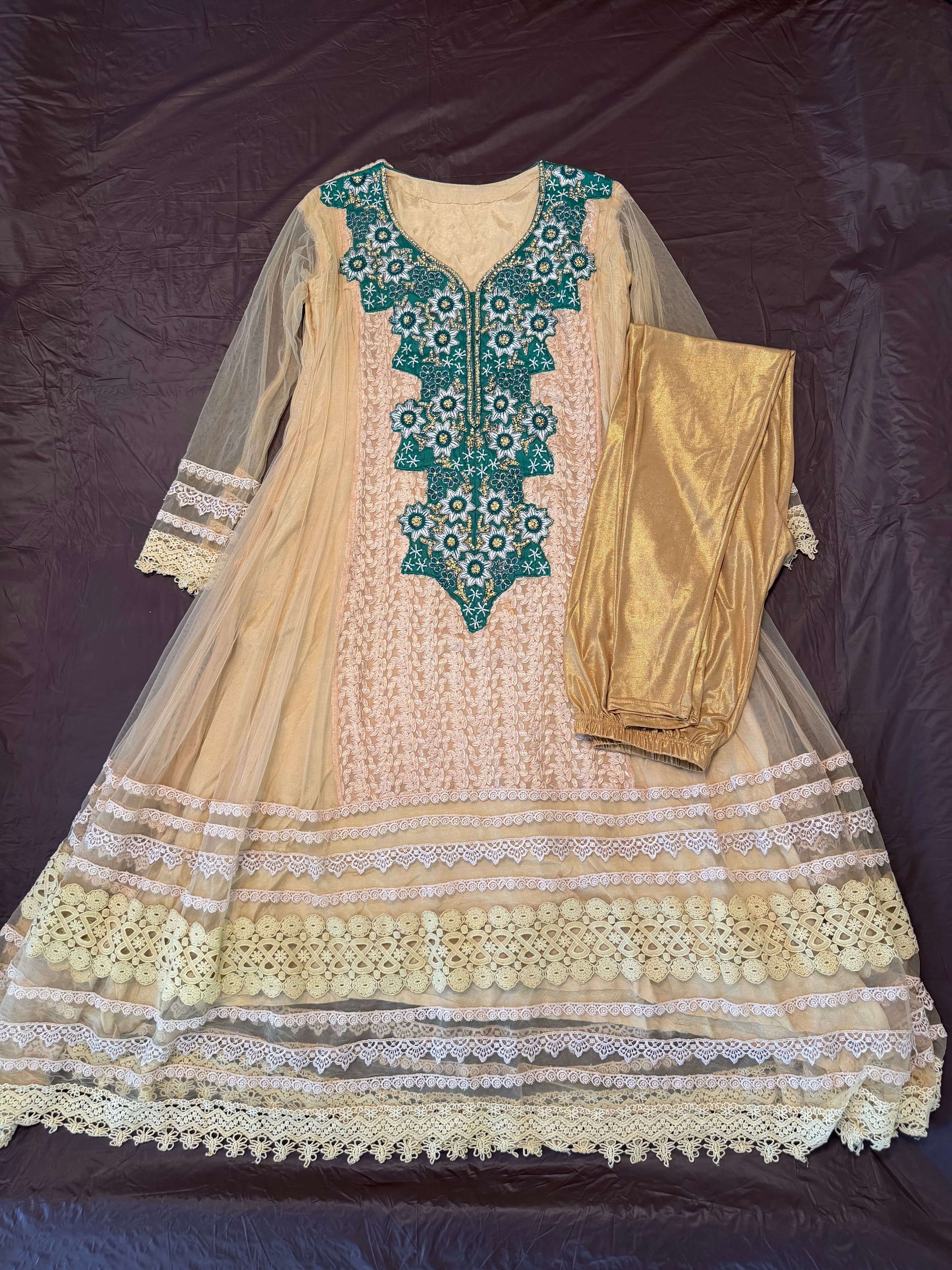 Elegant Gold and Cream Lace Anarkali Suit with Teal & Gold Embroidery with Beads and Lace Details
