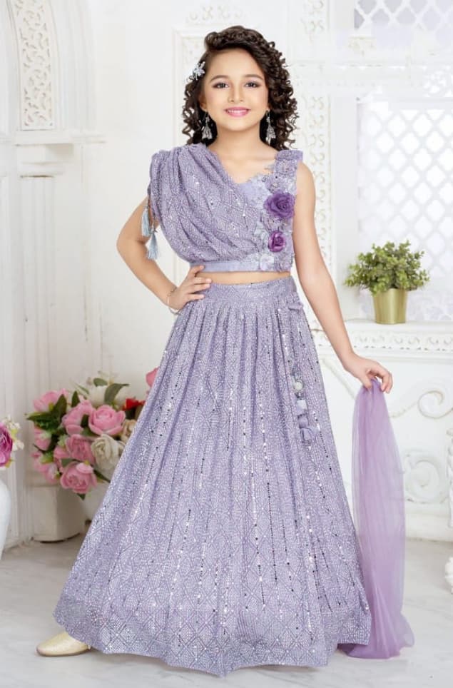 Girls Lavender Mirror Lehenga Choli with Floral Embellishments