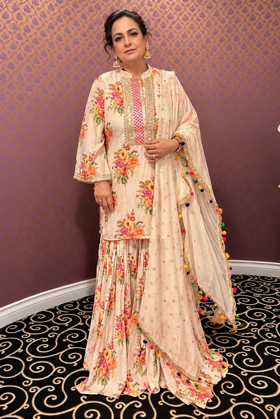 Elegant Floral Print Sharara Suit with Pom-Pom Dupatta
