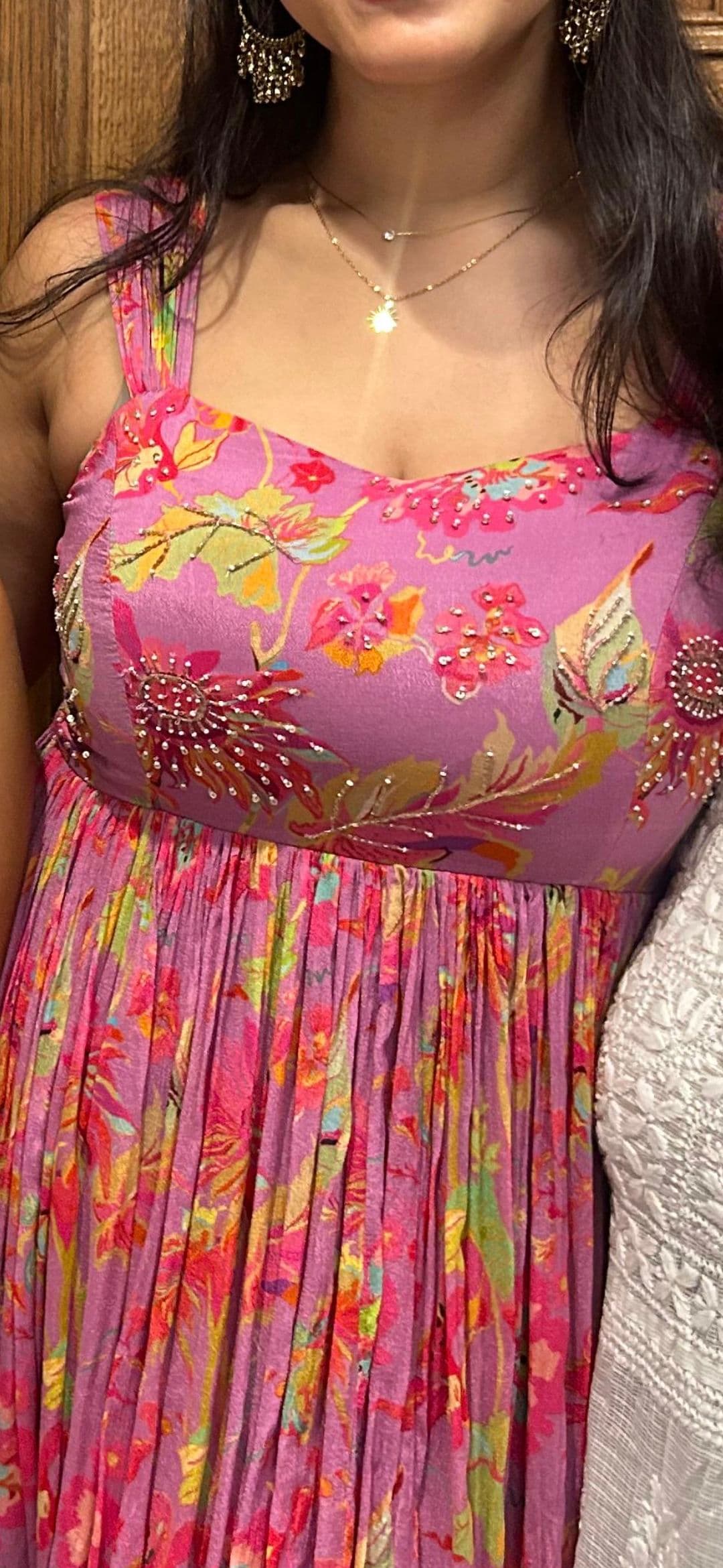 Vibrant Pink Floral Crinkle Georgette Maxi Kurti Dress