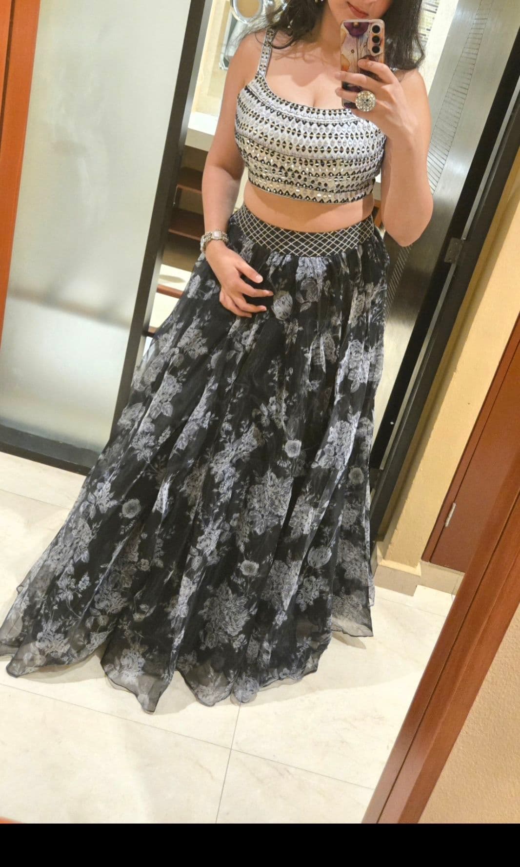 Stunning Black & White Floral Lehenga with Mirror Work Blouse