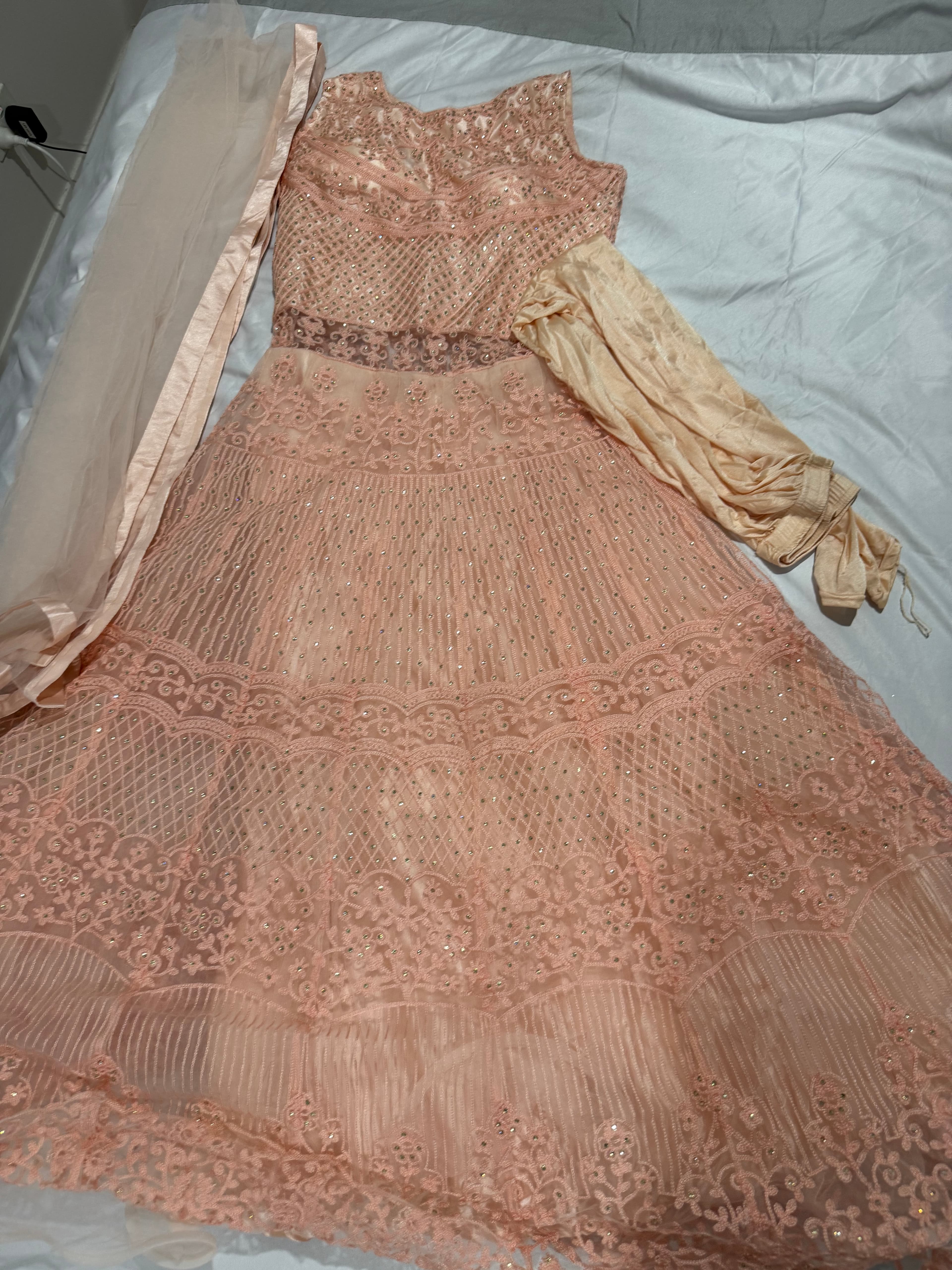 Elegant Peach Net Gown with Intricate Thread and Sequin Work
