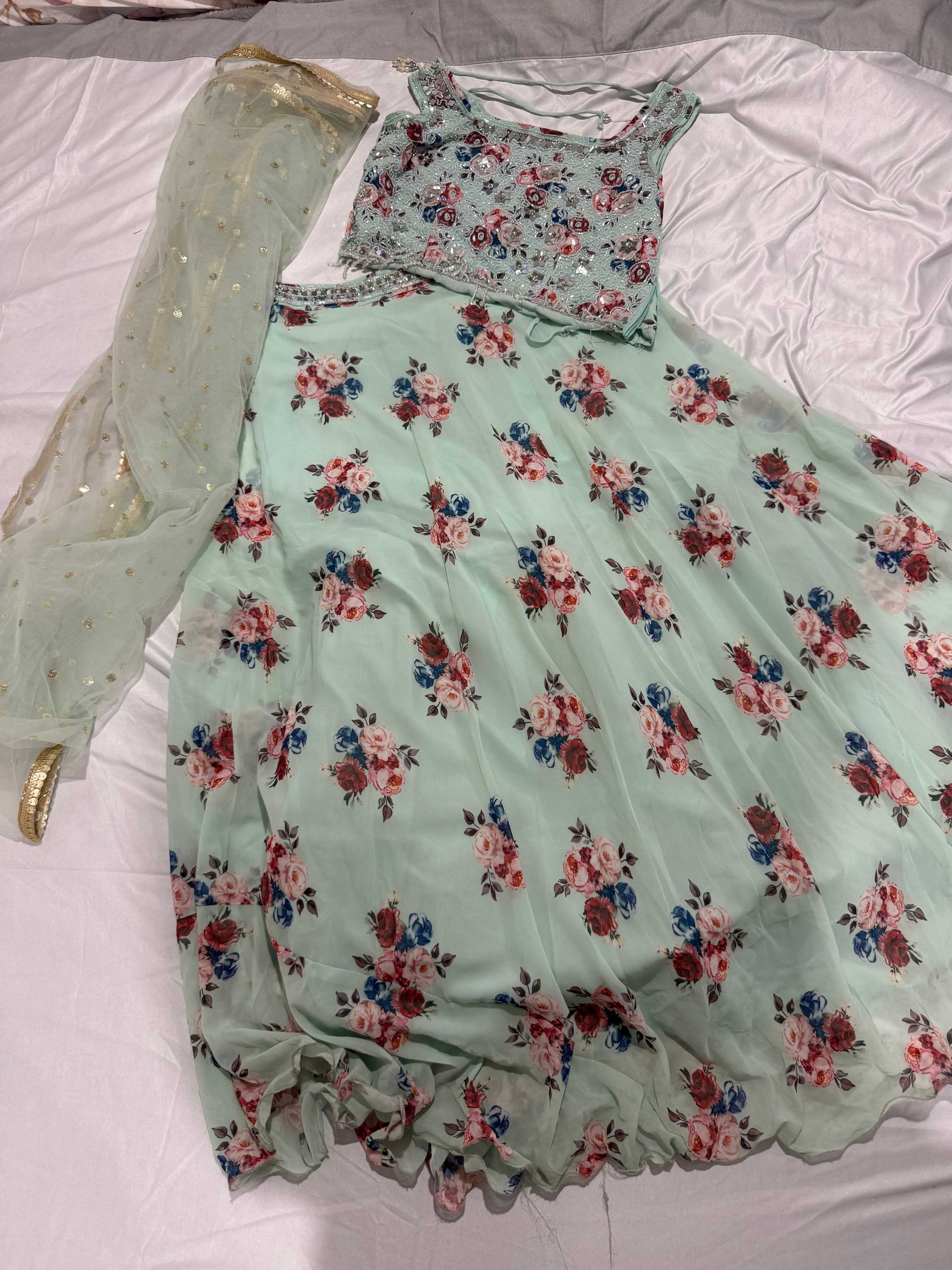 Elegant Mint Green Floral Lehenga with Sequin Blouse and Dupatta