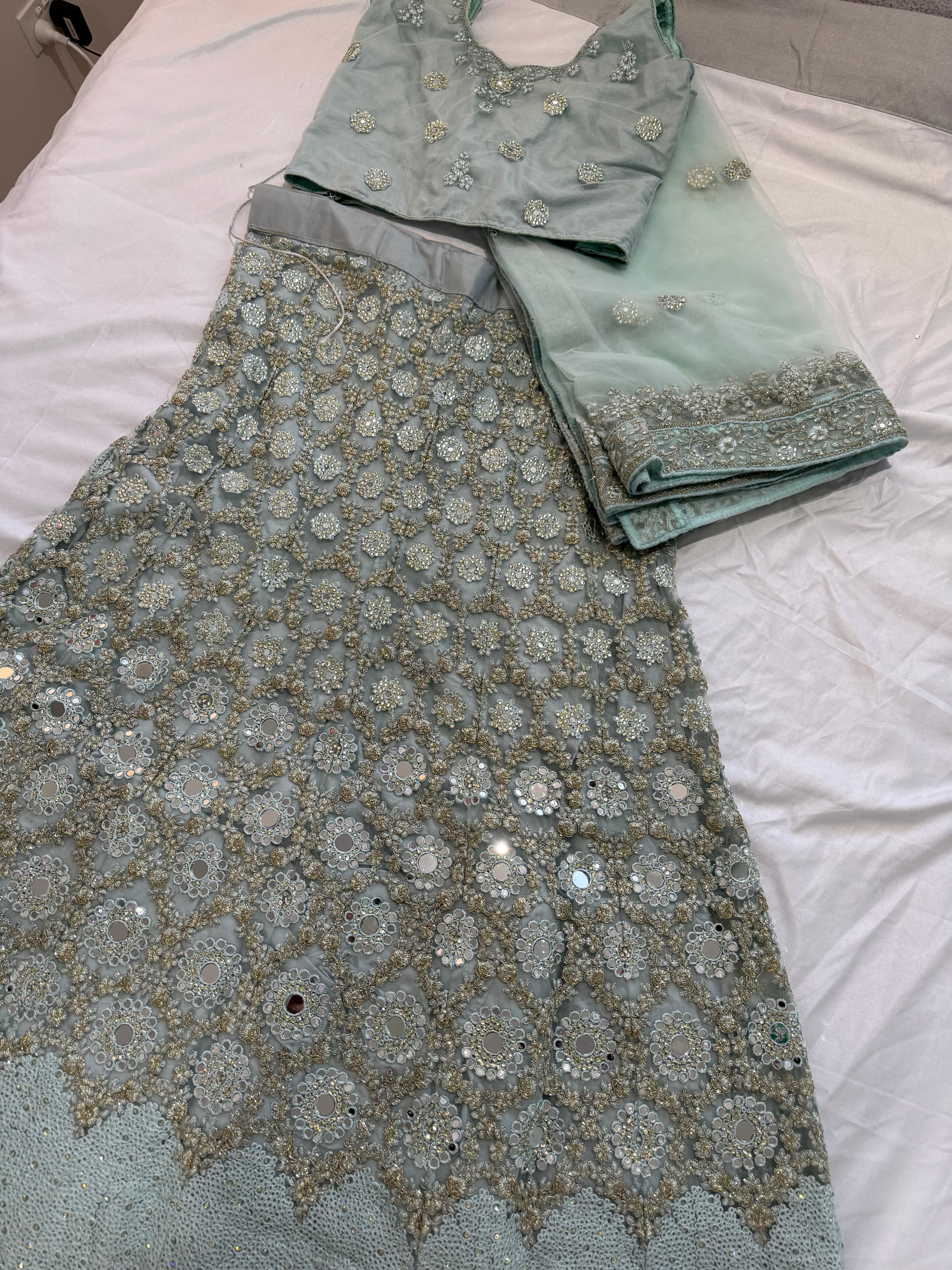 Stunning Mint Green Lehenga Choli with Mirror and Sequin Work