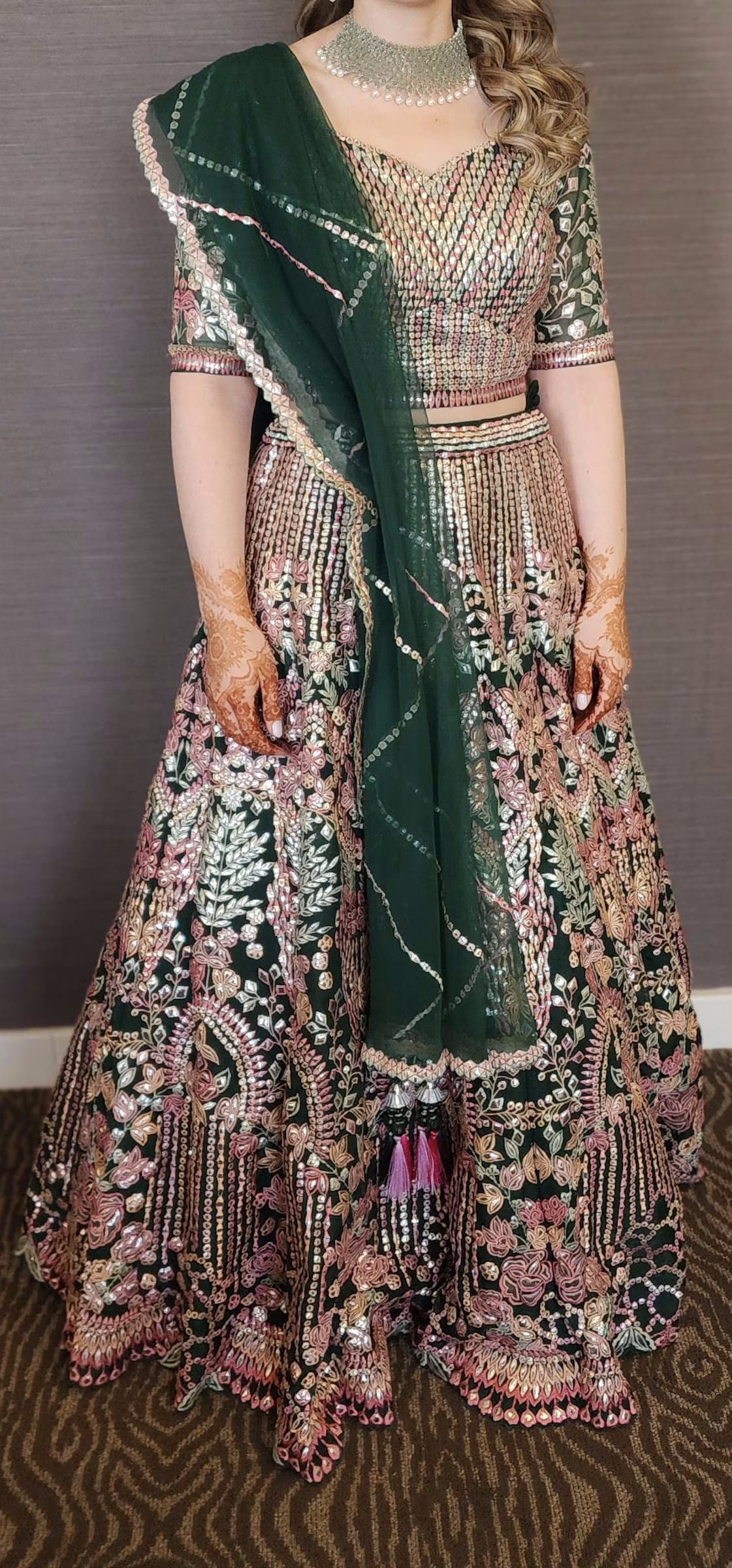 Pre-Loved Pink Green Embroidered Lehenga - Sangeet | US12