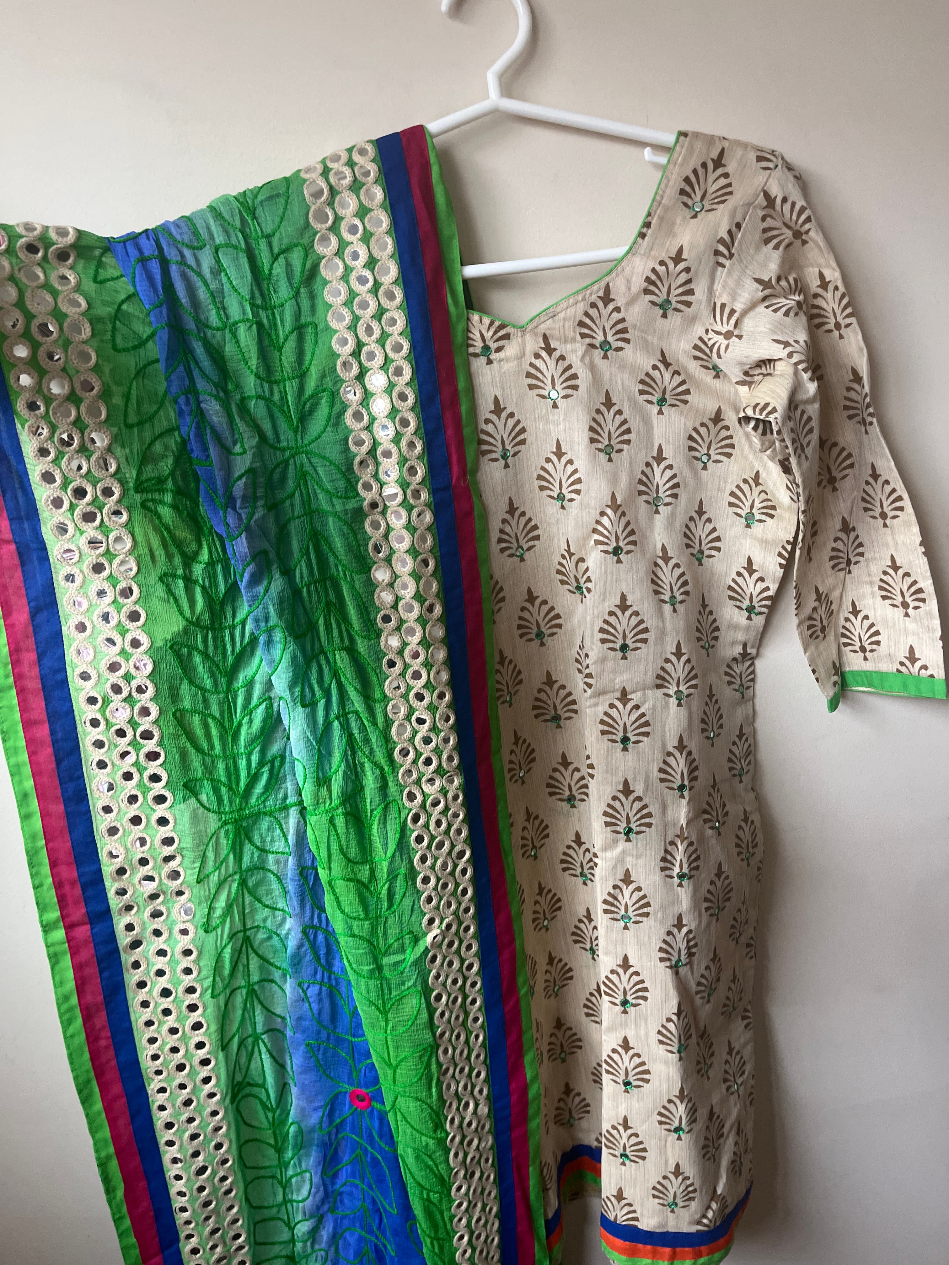 Elegant Beige Kurta with Green & Blue Embroidered Dupatta