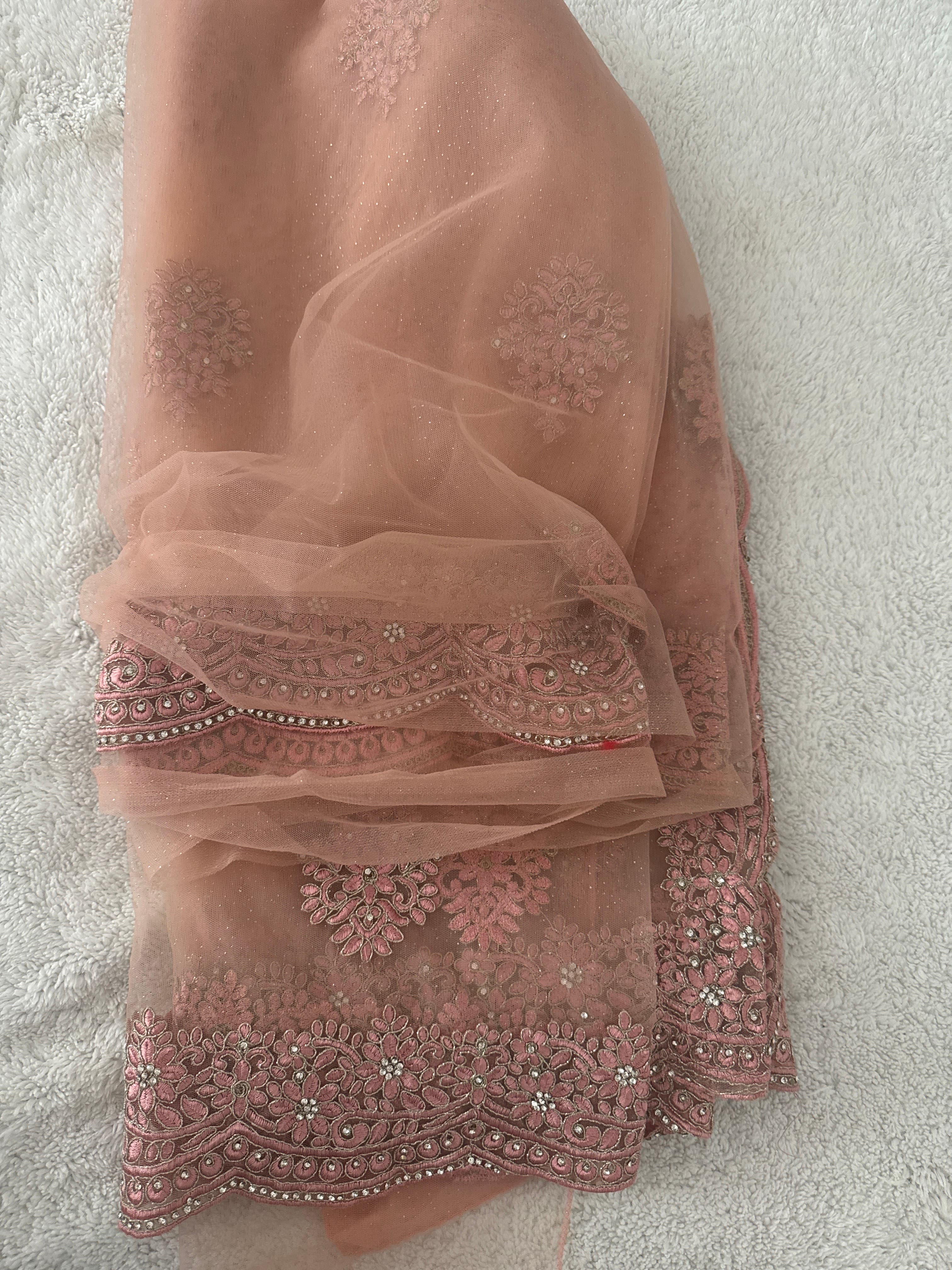 see through peach with silver and zari