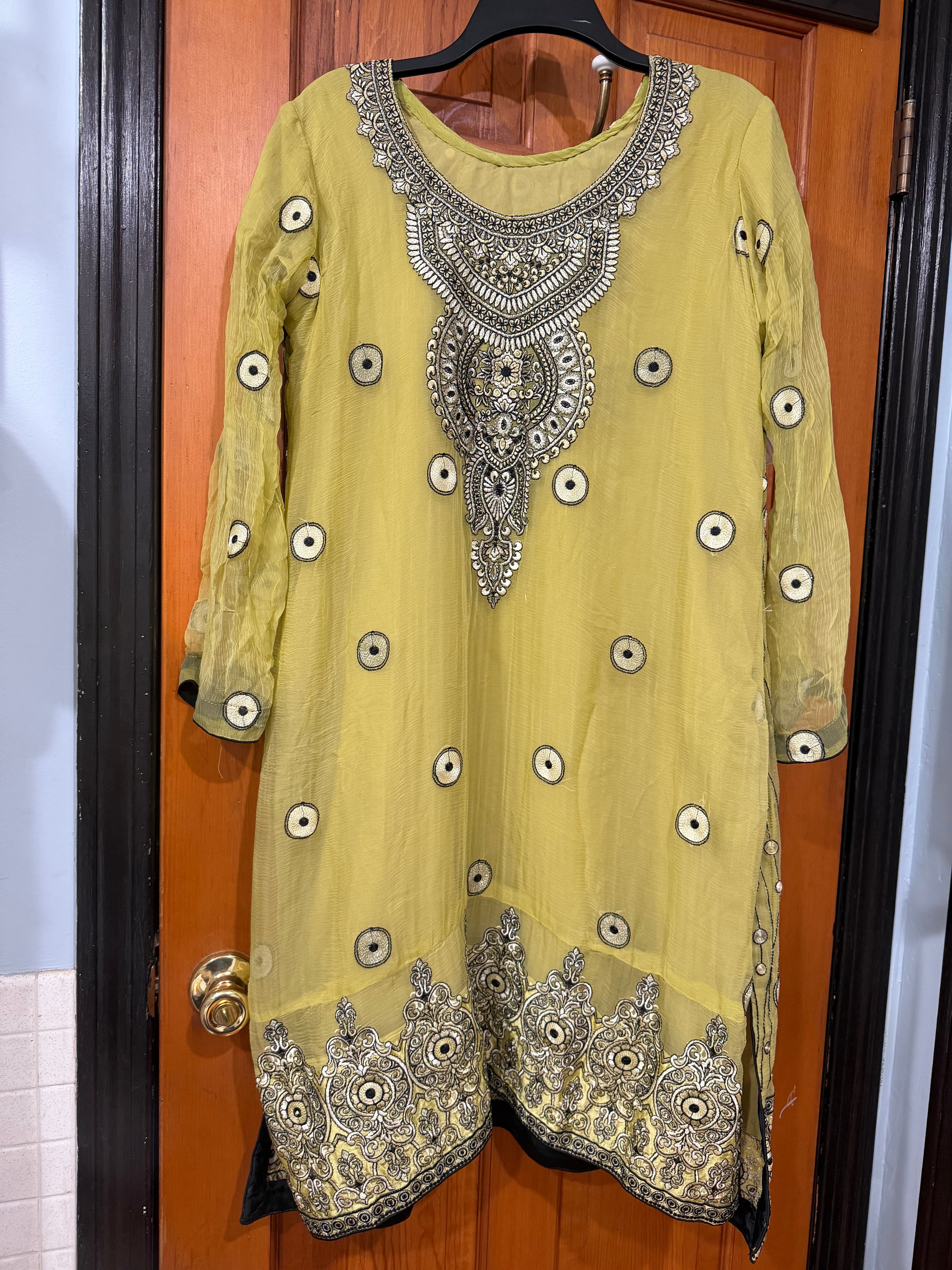 Elegant Lime Green Georgette Suit with Black & White Thread Work