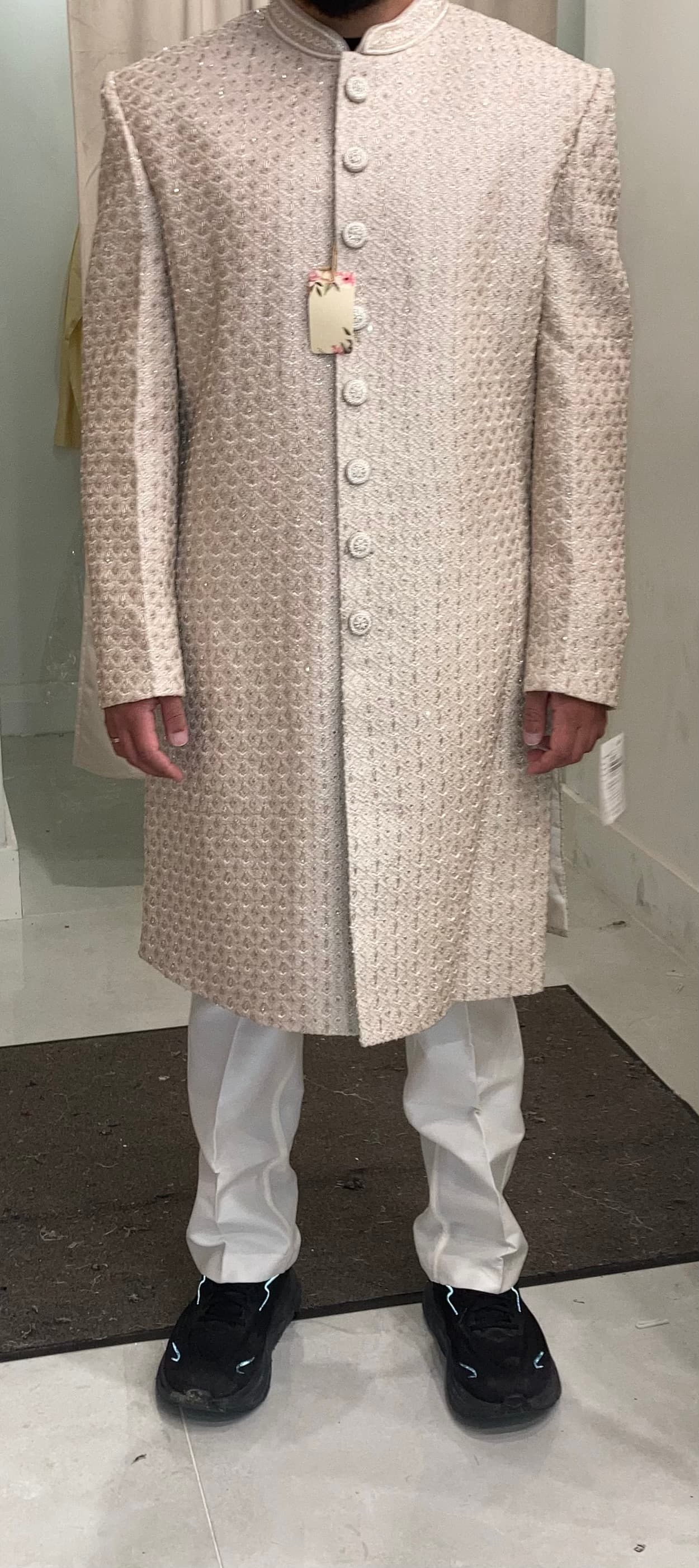 Elegant Beige Sherwani with Intricate Gold and White Embroidery