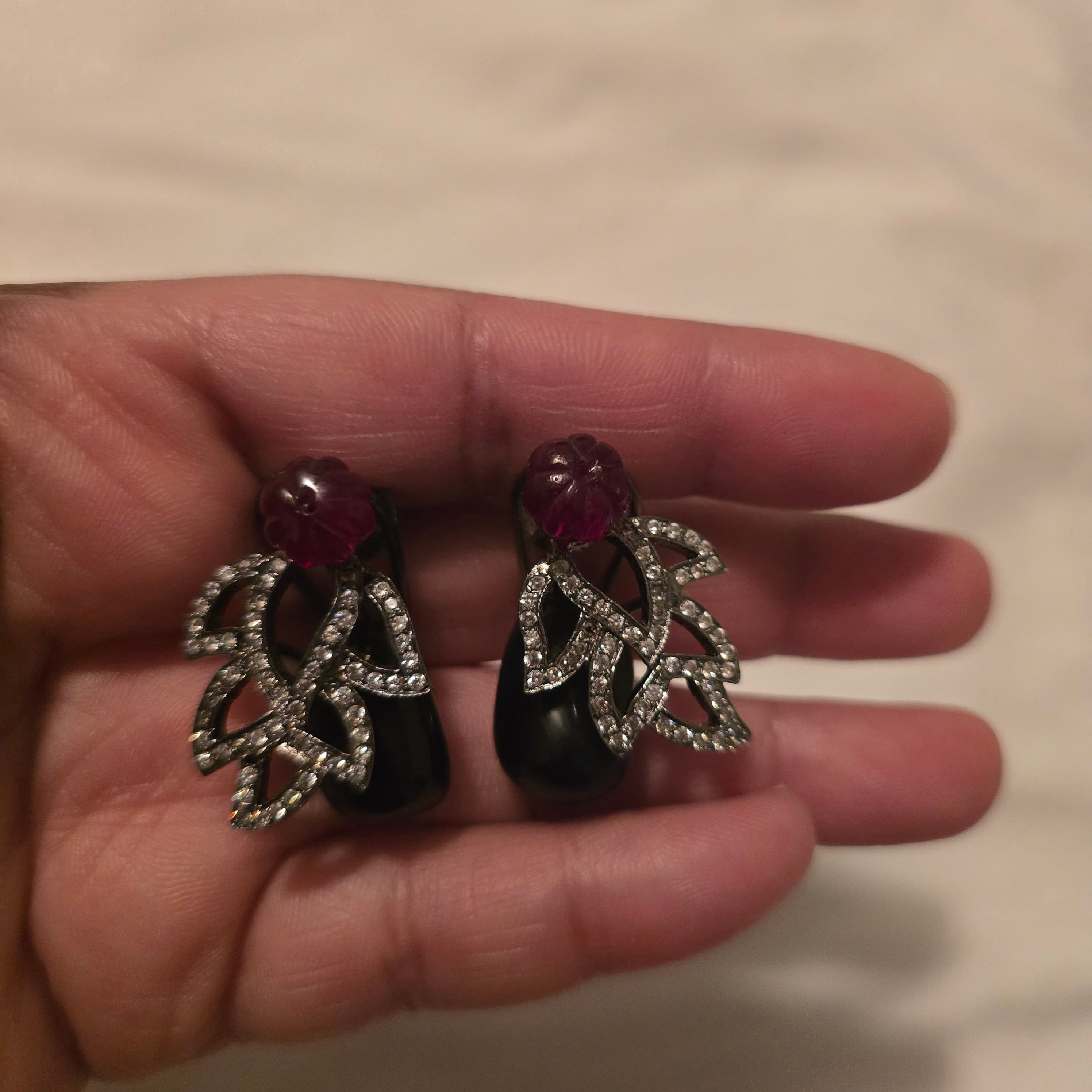 Black Silver Red Floral Cluster Rhinestone Earrings