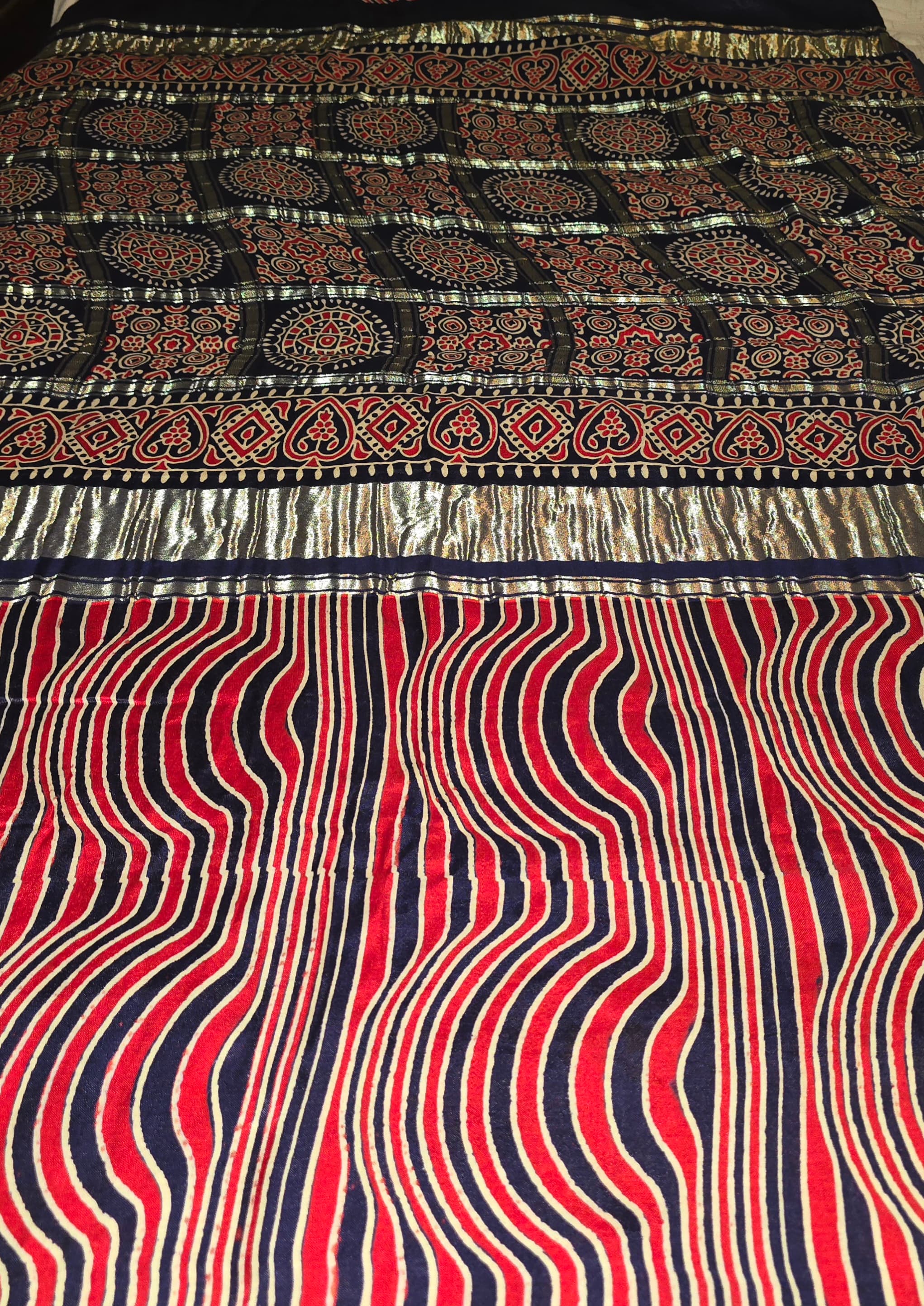 Ajrak Silk Saree In Red & Navy Blue With 44 Size Blouse