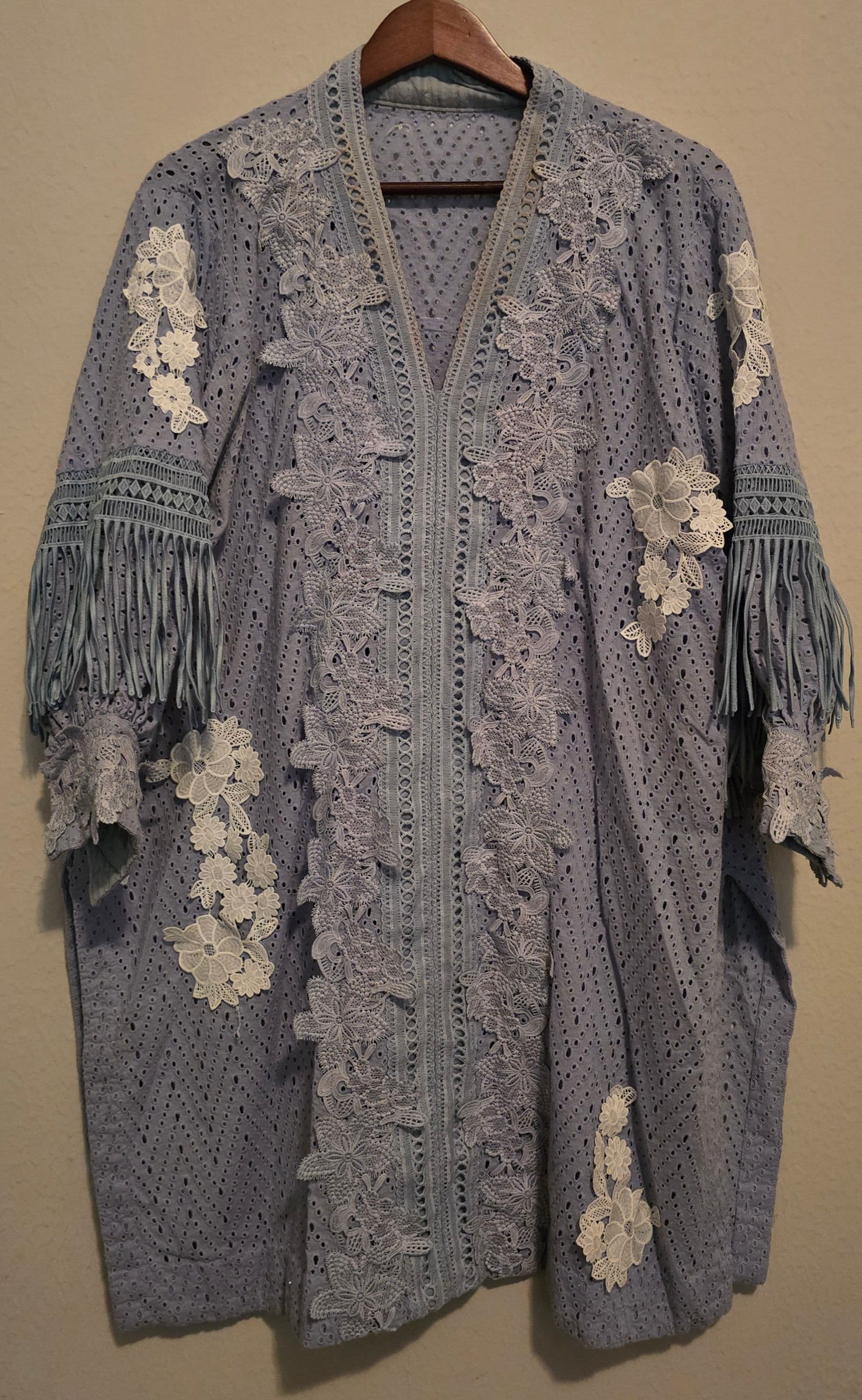 Elegant Periwinkle Blue Eyelet Kurta with White Floral Lace Appliques and Fringe Sleeves
