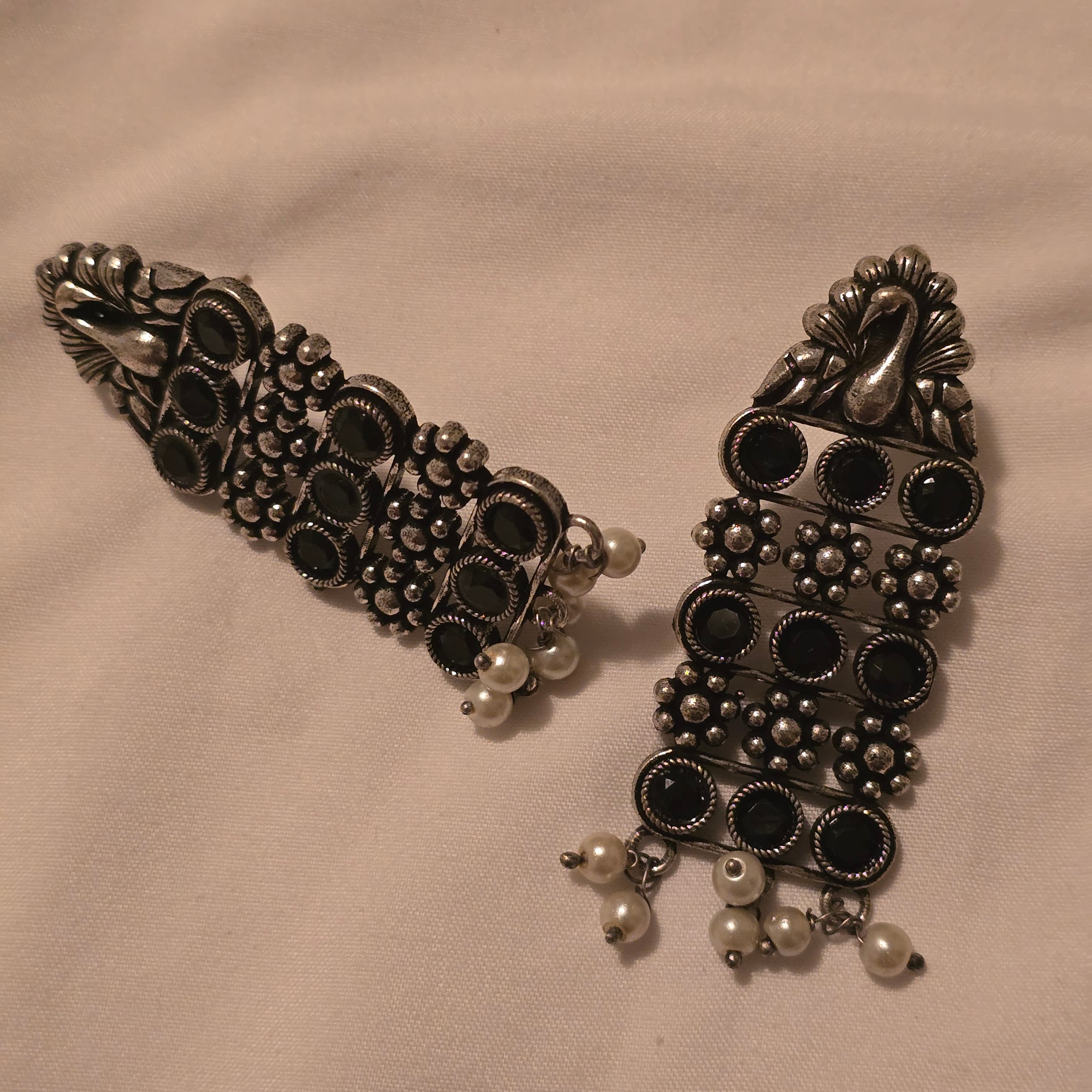 Silver Tone Earrings With Black Rhinestones And White Pearls