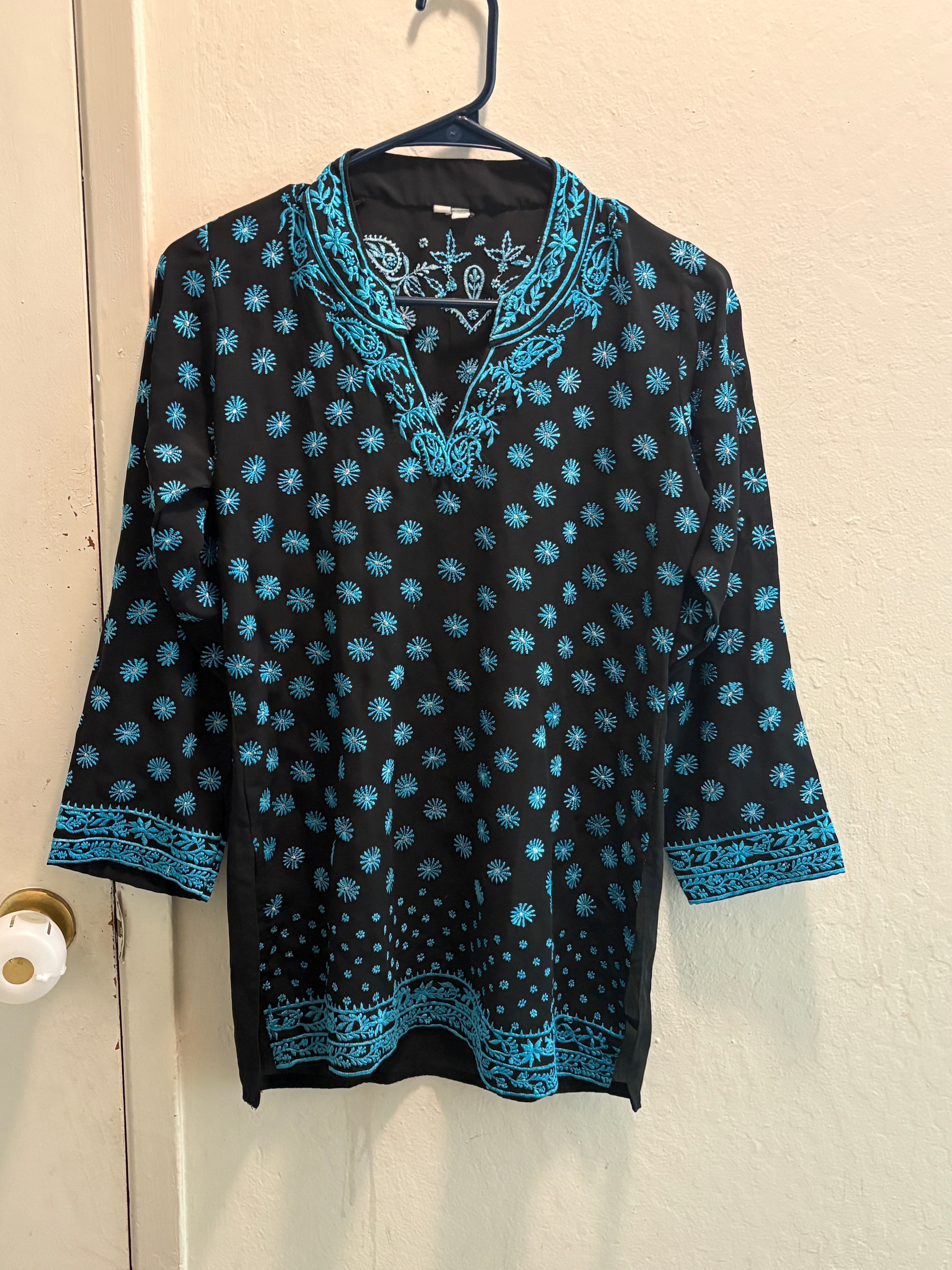 Elegant Black Kurti with Aqua Blue Thread Embroidery - Size S