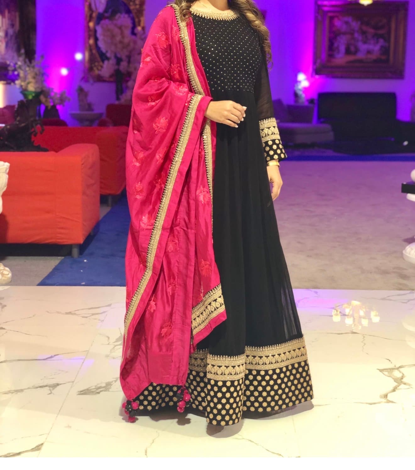 Elegant Black Anarkali Suit with Gold Embroidery and Hot Pink Dupatta
