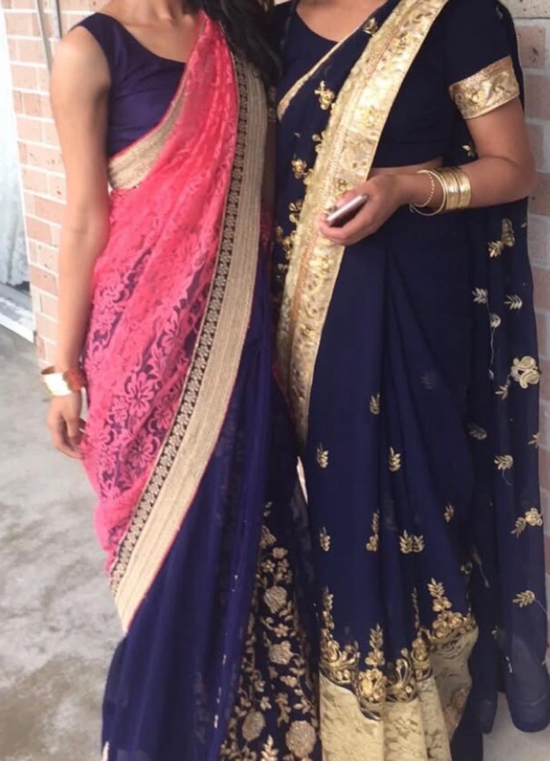 Elegant Navy Blue and Pink Net Saree with Gold Zari Embroidery