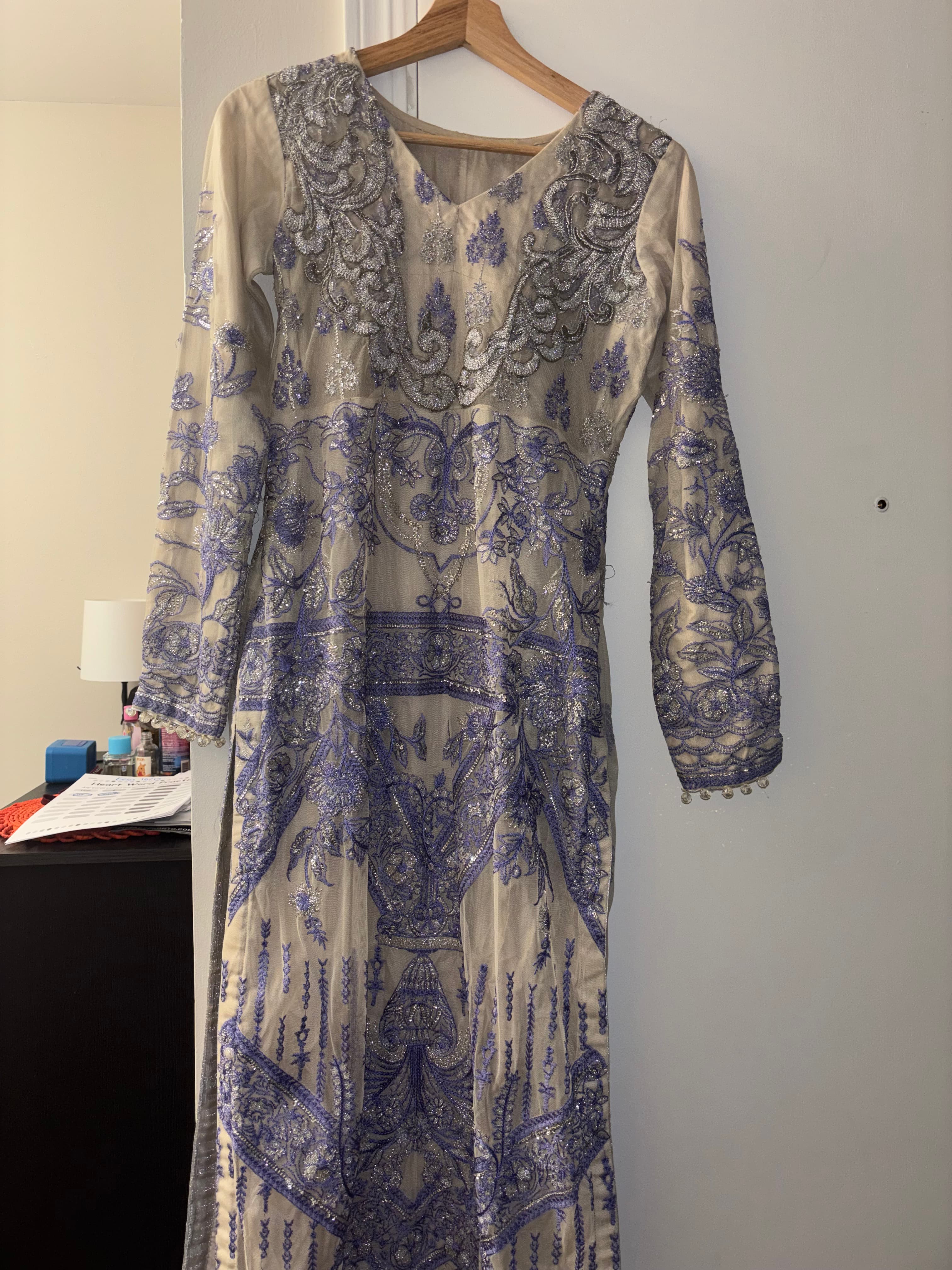 Elegant Lavender & Silver Embroidered Net Suit with Dupatta