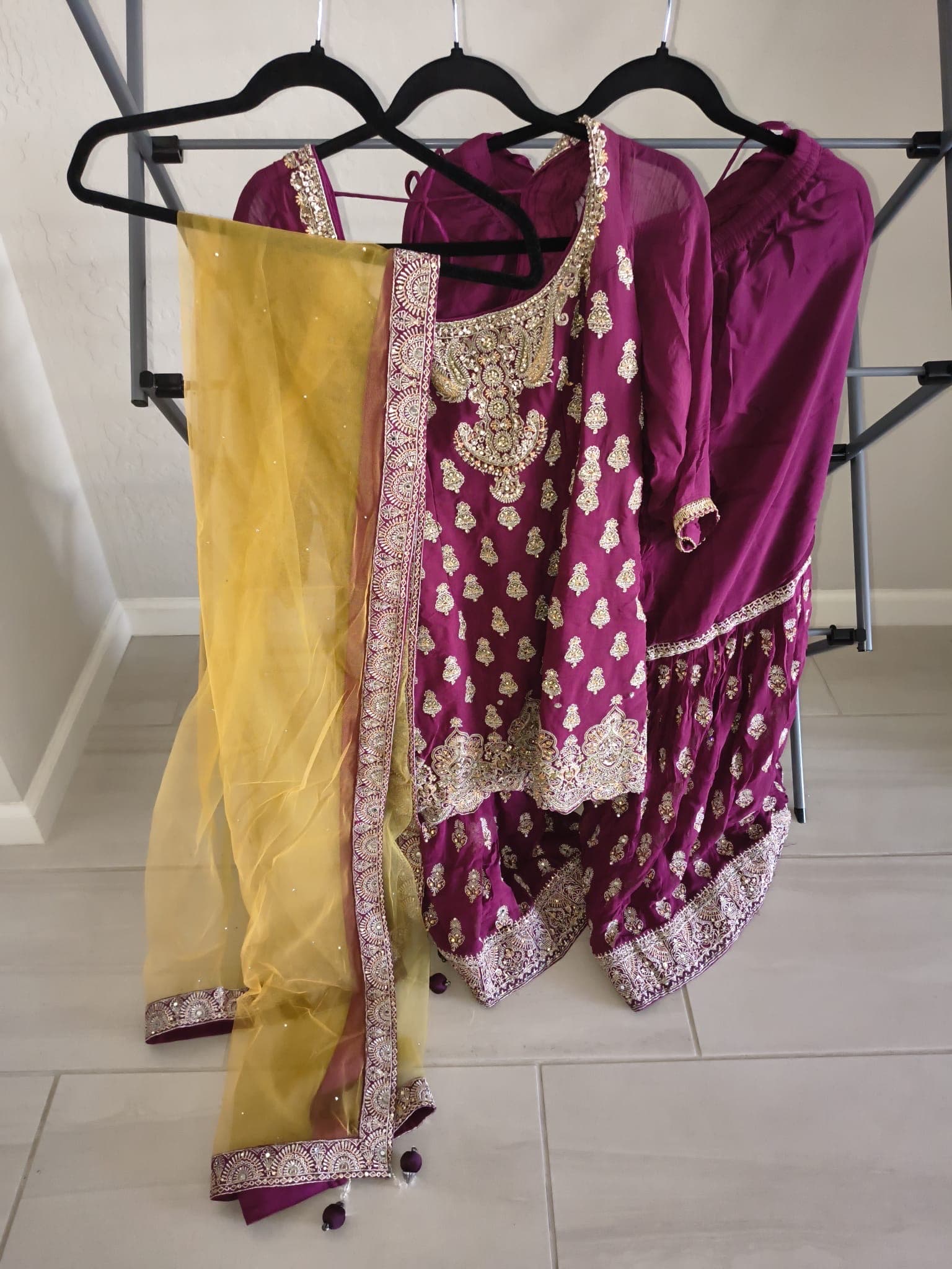 Elegant Magenta Sharara Suit with Gold Embroidery and Yellow Dupatta