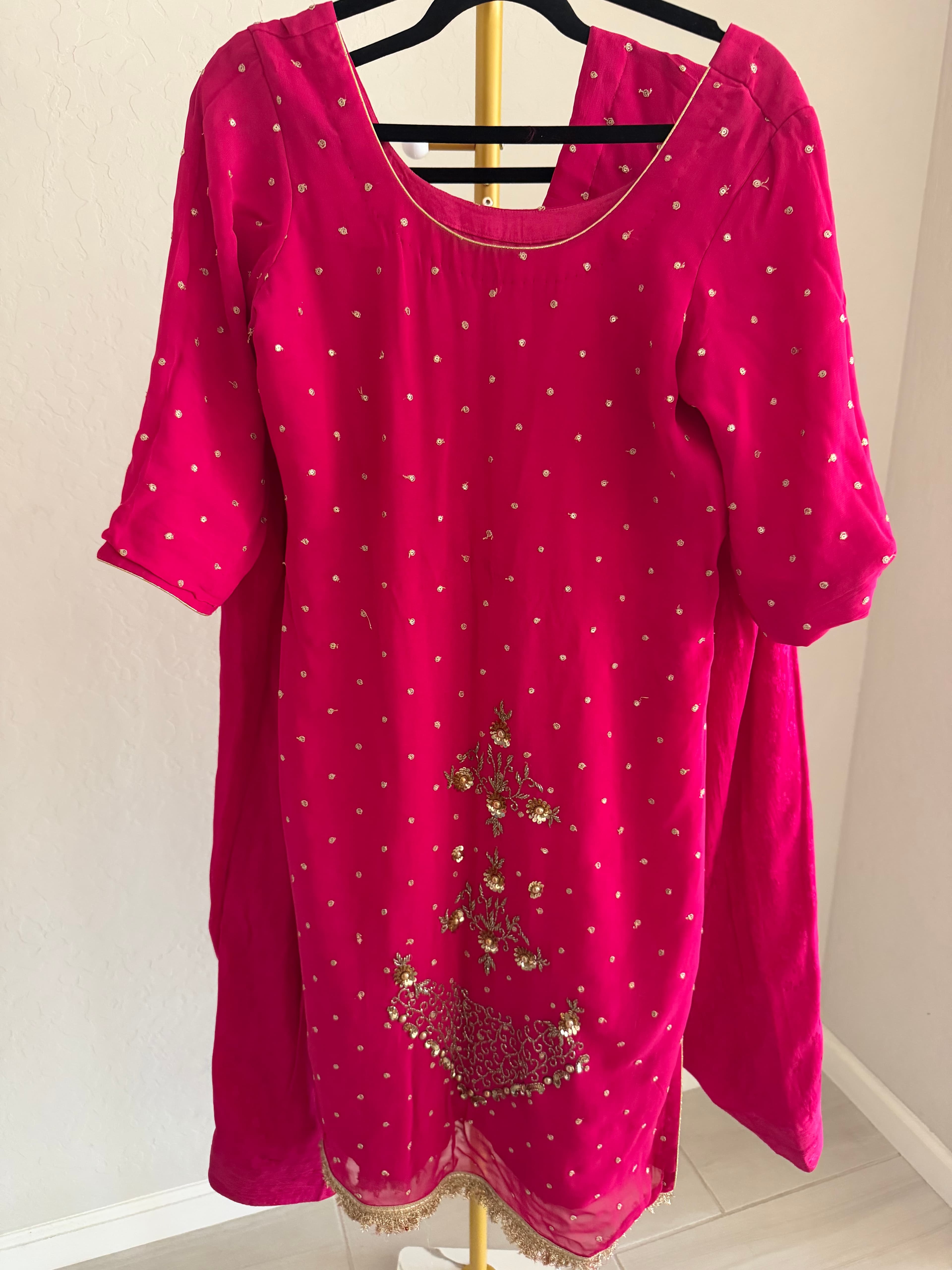 Vibrant Pink Georgette Suit with Gold Sequin and Thread Work Dupatta
