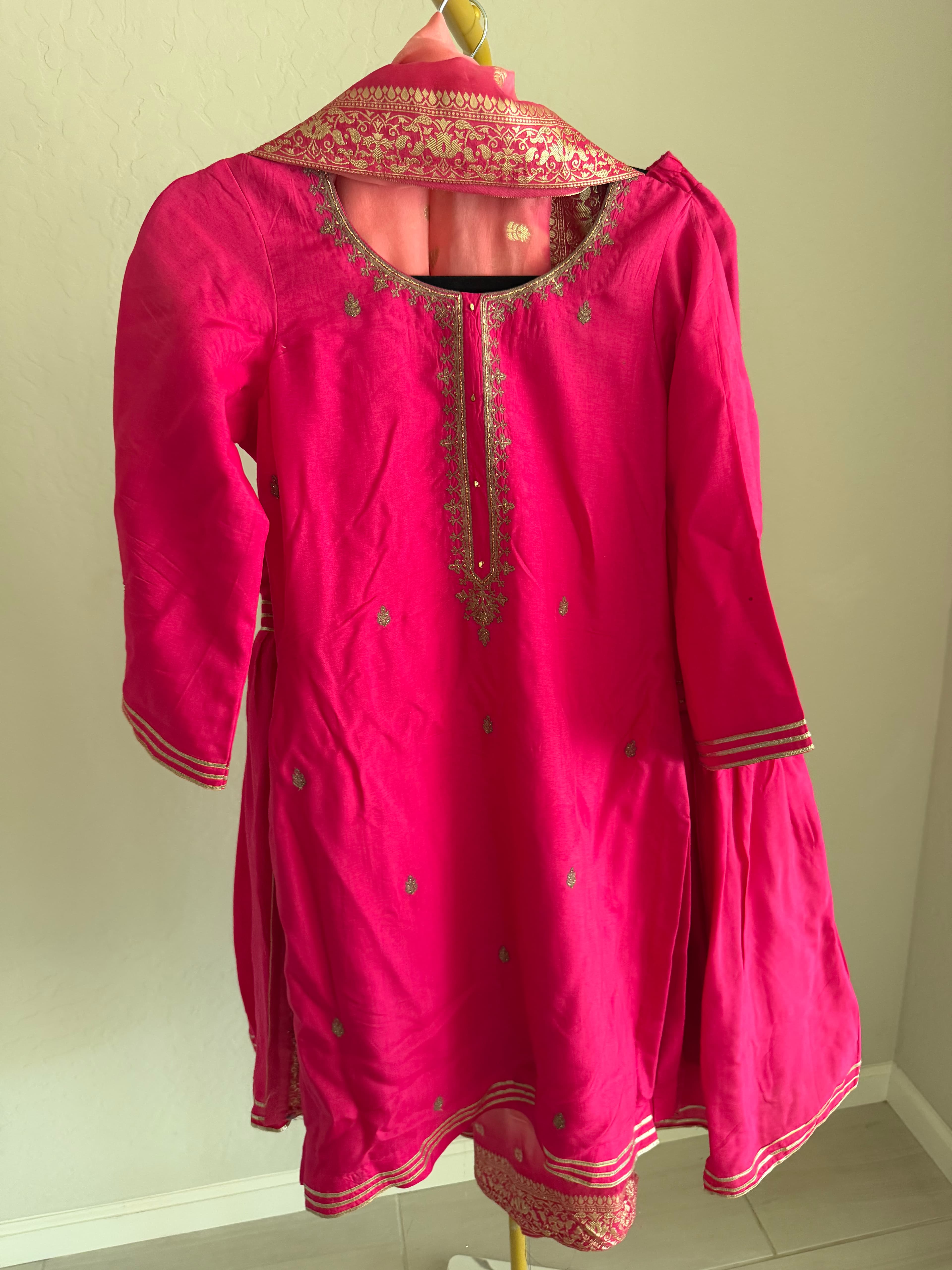 Vibrant Pink gharara Suit with Gold Embroidery and Ombre Dupatta