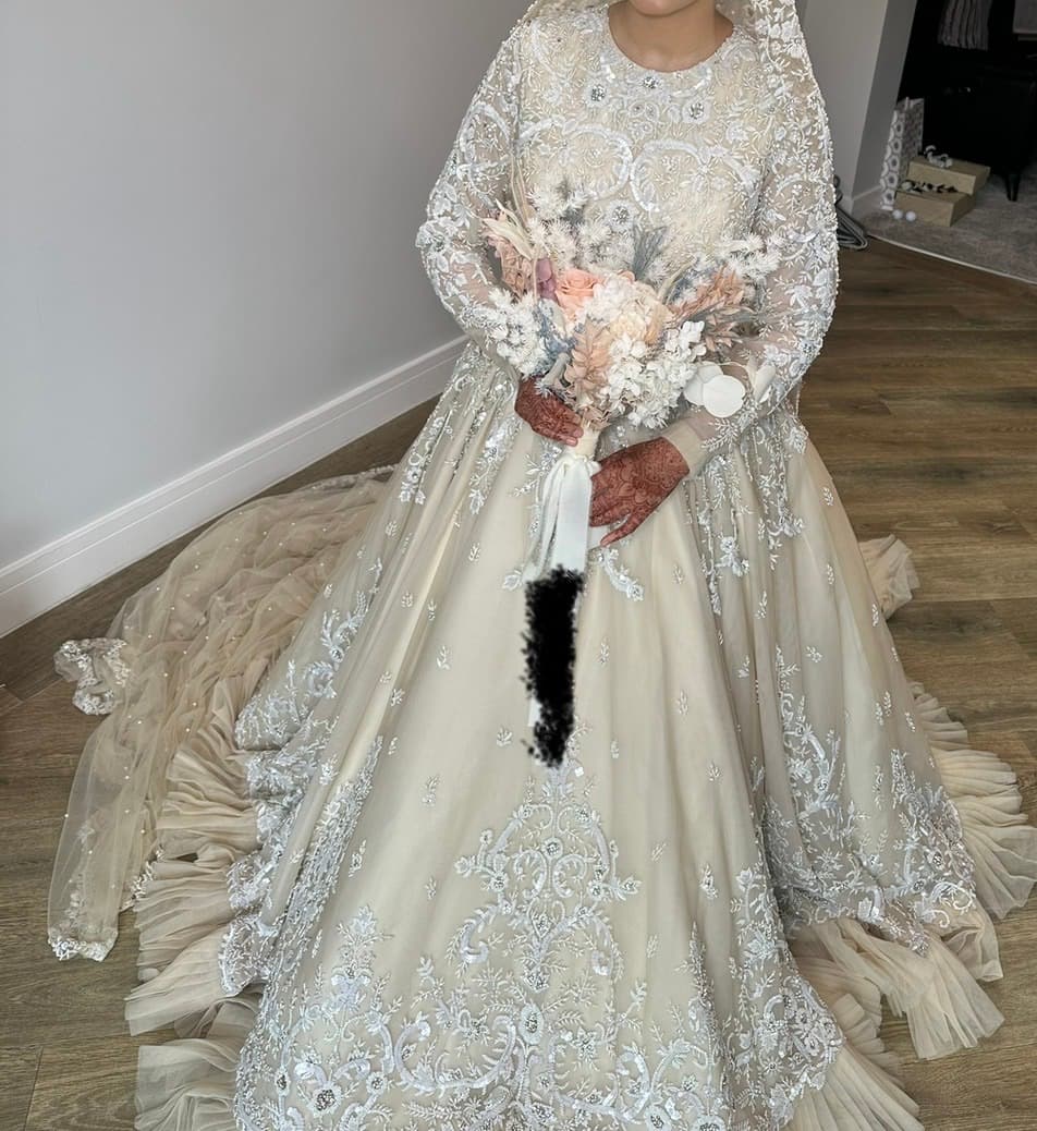 Stunning Ivory/Champagne Bridal Gown with Intricate Silver Embroidery and Long Trail