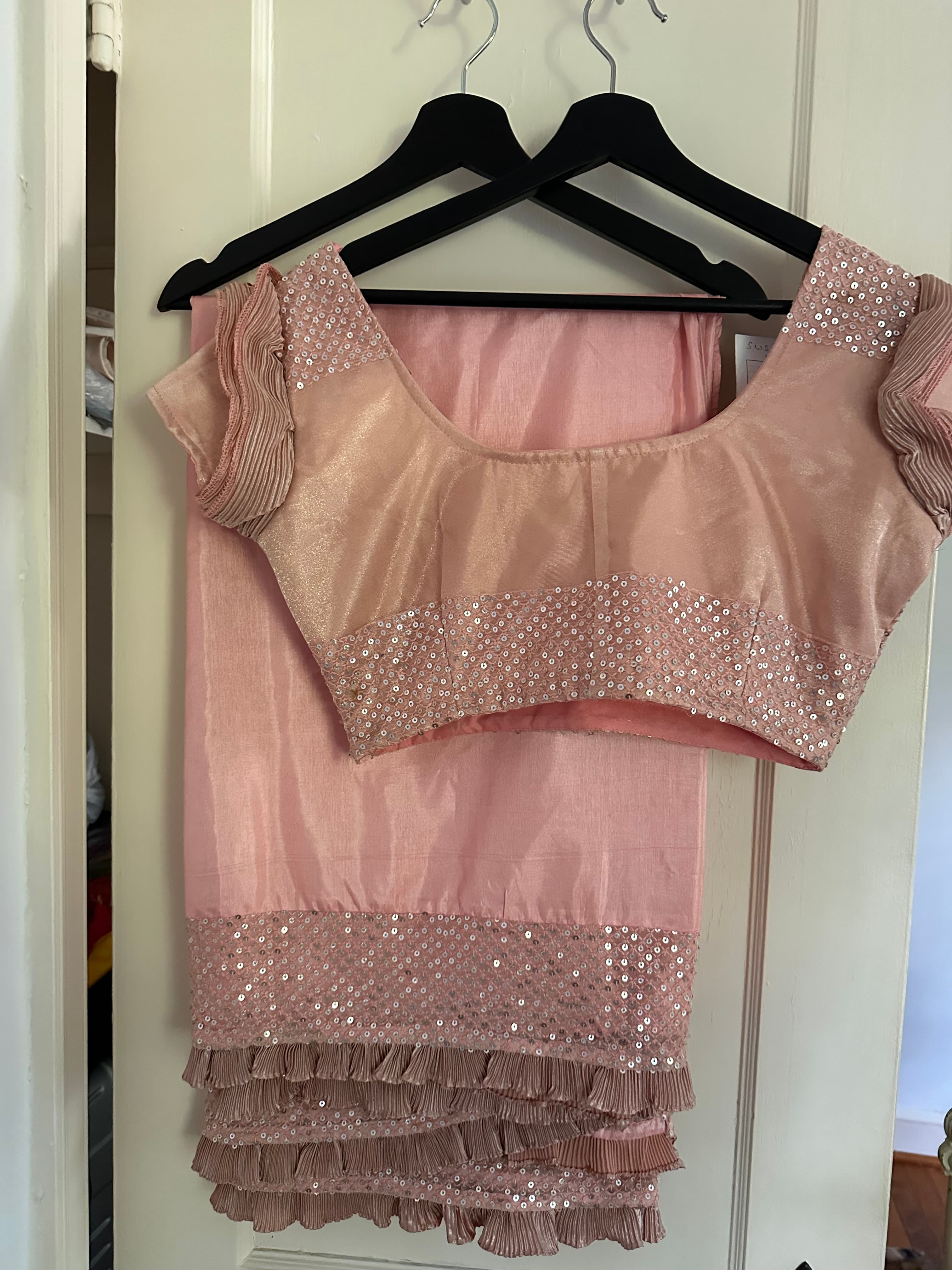 Pink sequin + ruffle saree