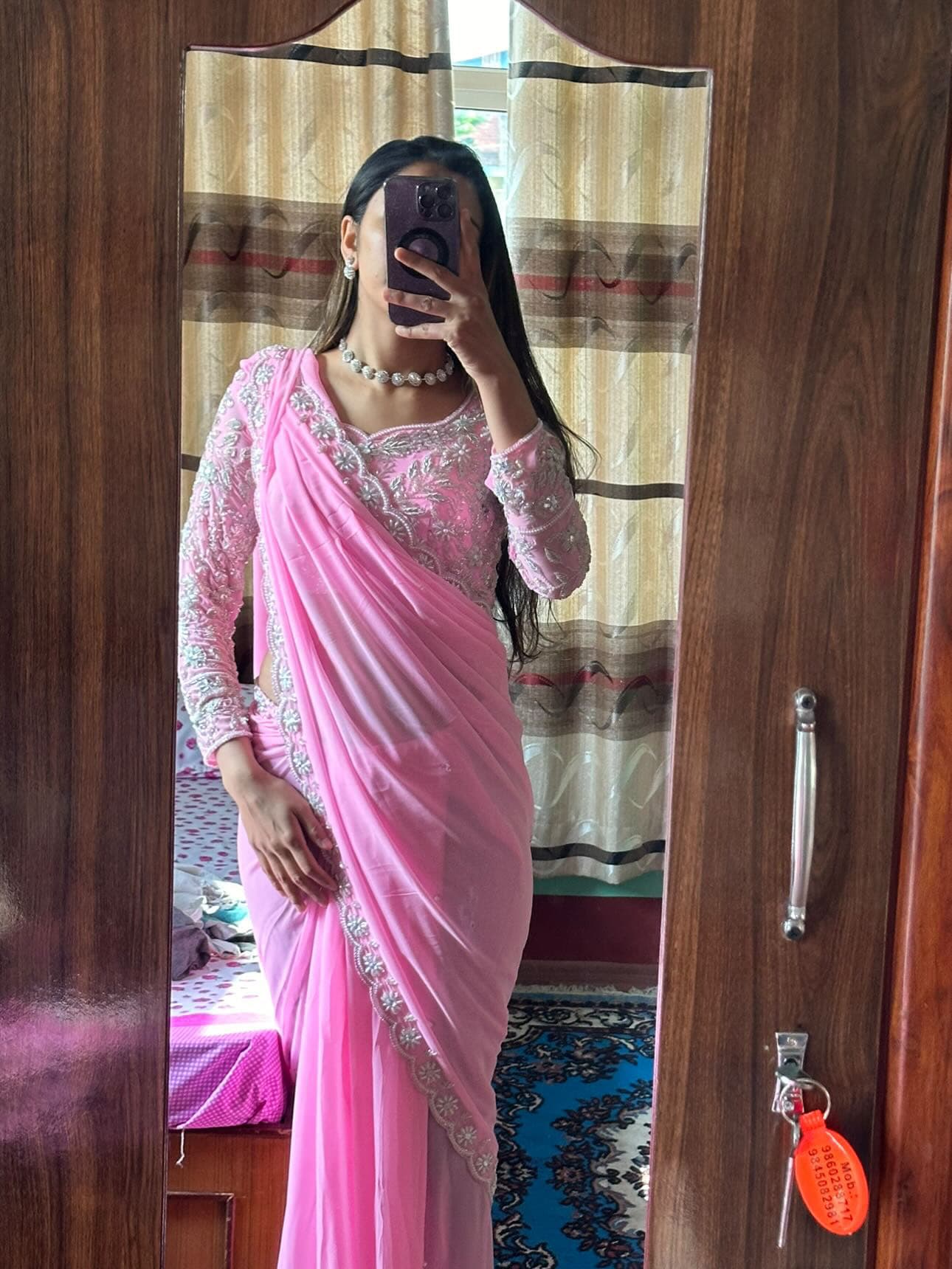 Elegant Pink Georgette Saree with Silver Sequin and Pearl Embroidery