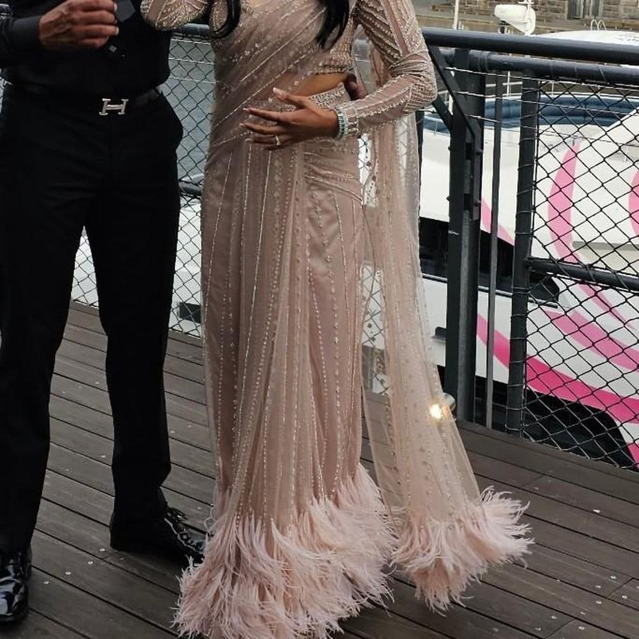 Elegant Sequin & Feather Pre-Draped Saree Gown