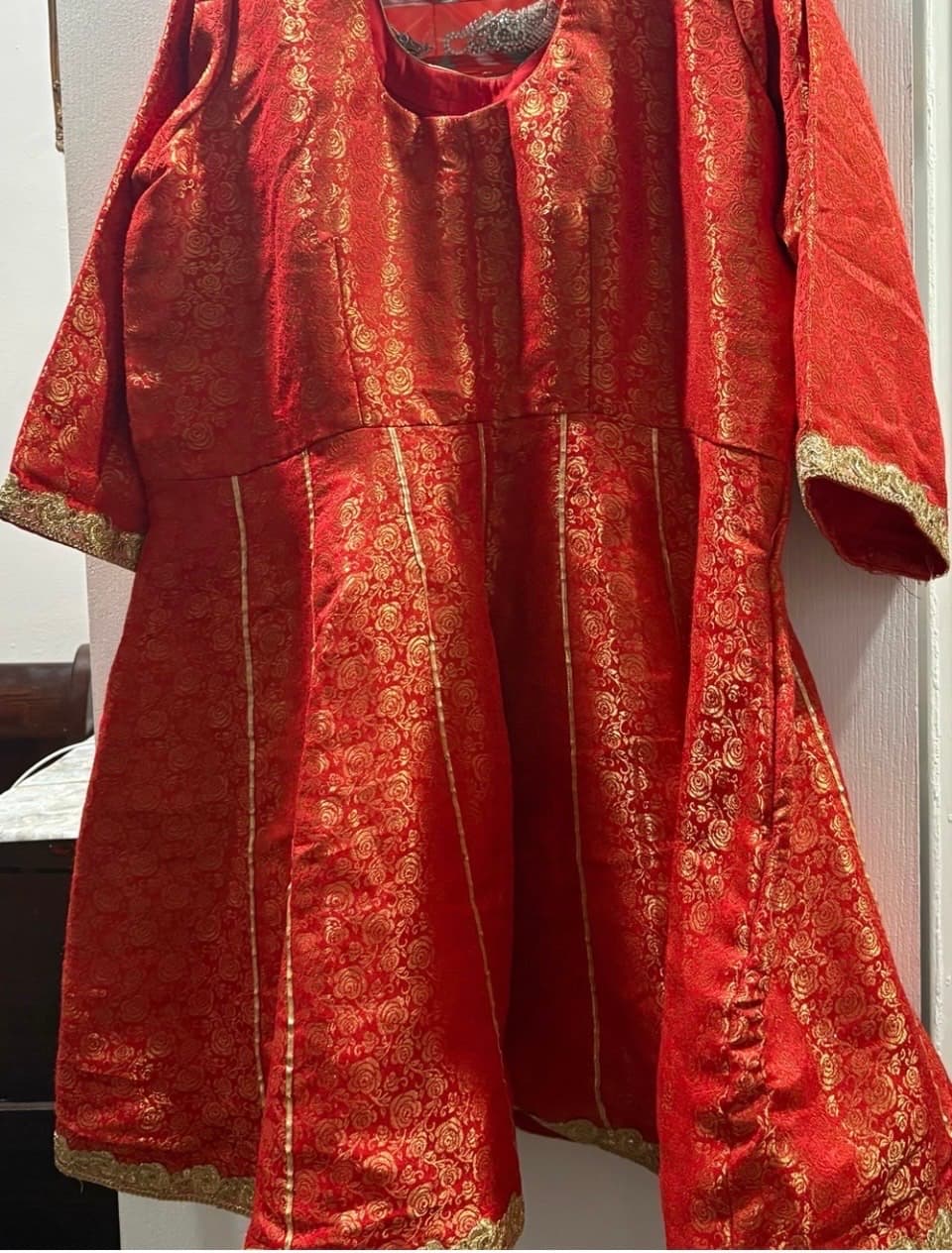 Vibrant Red and Gold Brocade Anarkali Suit with Dhoti Pants and Dupatta