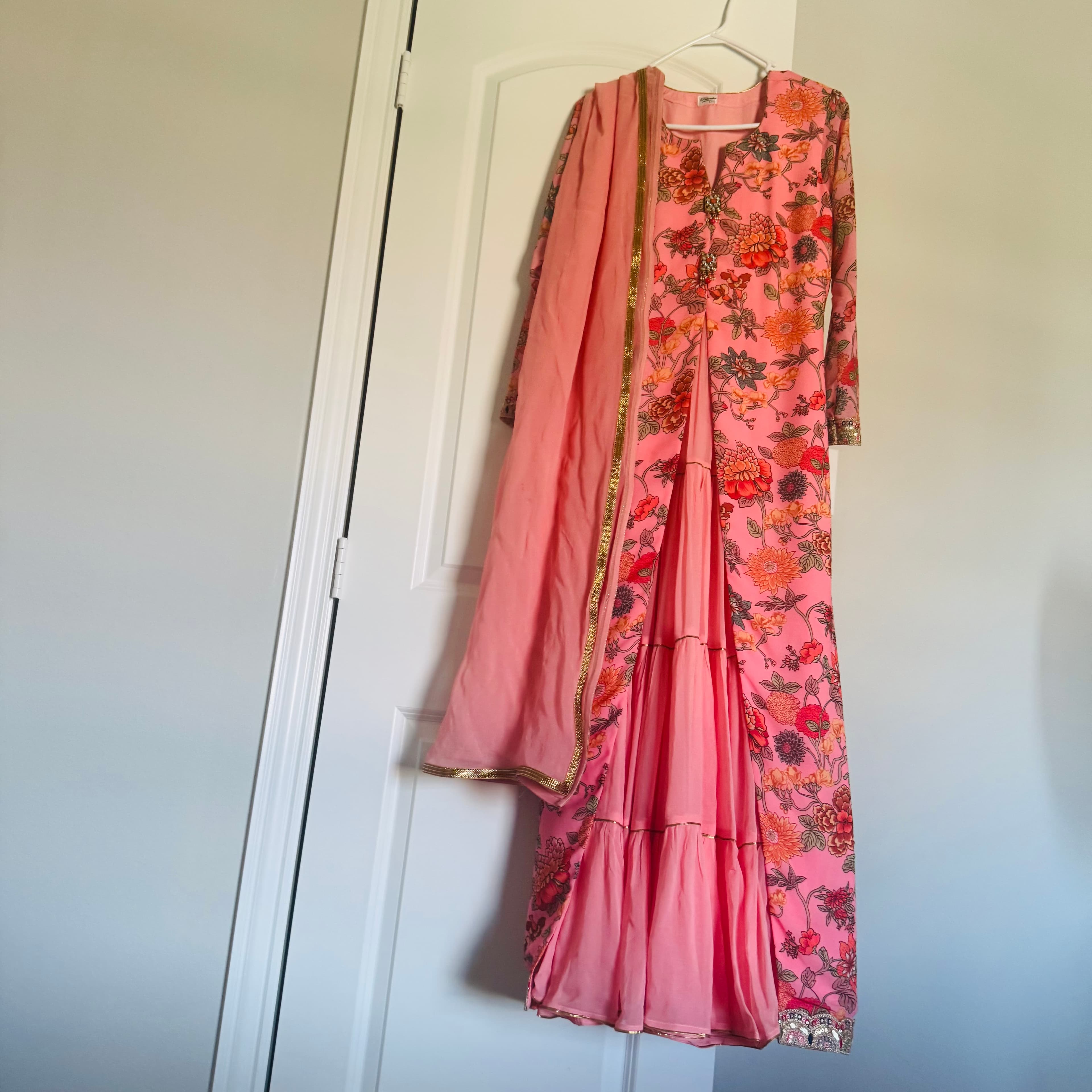 Elegant Pink Floral Anarkali Suit with Tiered Skirt and Dupatta